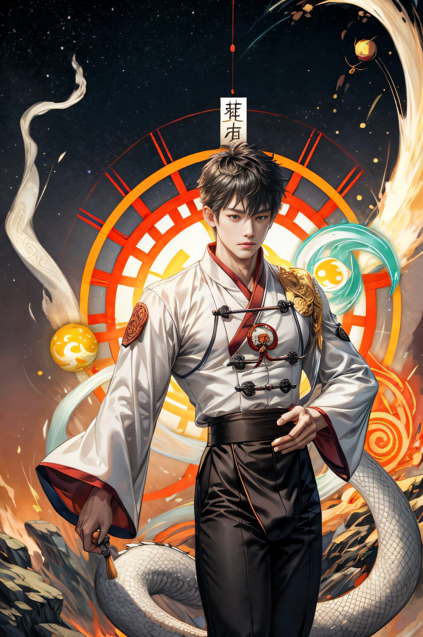 Handsome, 25 years old, Asian, master work, best picture quality, higher quality, high detail, super high resolution, 8k resolution, delicate facial features, boy, big muscles, tattoos, glowing eyes, hair details, [[look away, look to the side, emphasize homosexuality and pay attention to every detail , cross-legged, open Hanfu transparent tulle jacket, white rubber pants, (((((crotch bulge)))) (harmony, balance, yin and yang), Chinese silk painting, Tai Chi principle, smooth movement, interconnected elements, Interaction of contrasting forces, Taoist philosophy, Touch of the I Ching, warm and cold tones, reflective art, inspiration by Laozi, Zhuangzi, Yin and Yang Diagram, Taiji Diagram, Bagua Diagram, Spirit and Flesh Unity, Taoism, Summoning Magic, Movie Lighting, Fire and Ice, Bagua Background, Round Bagua, Yiyang, Taoist Practice, Meditation Meditation, Buddha Meditation, Spiral Dragon, Top Cloud Dragon,