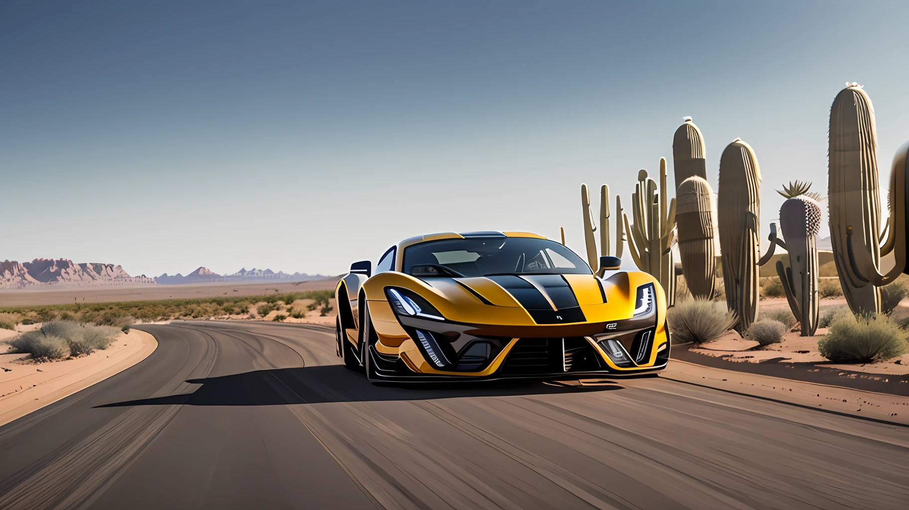 A Hennessey Venom F5 model car, speeding on a dirt road in the desert with many cacti. Realistic scene, ultra detailed, sense of movement and depth of field. Eye level --auto --s2