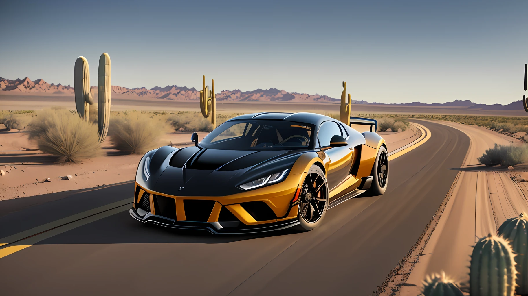 A Hennessey Venom F5 model car, speeding on a dirt road in the desert with many cacti. Realistic scene, ultra detailed, sense of movement and depth of field. Eye level --auto --s2