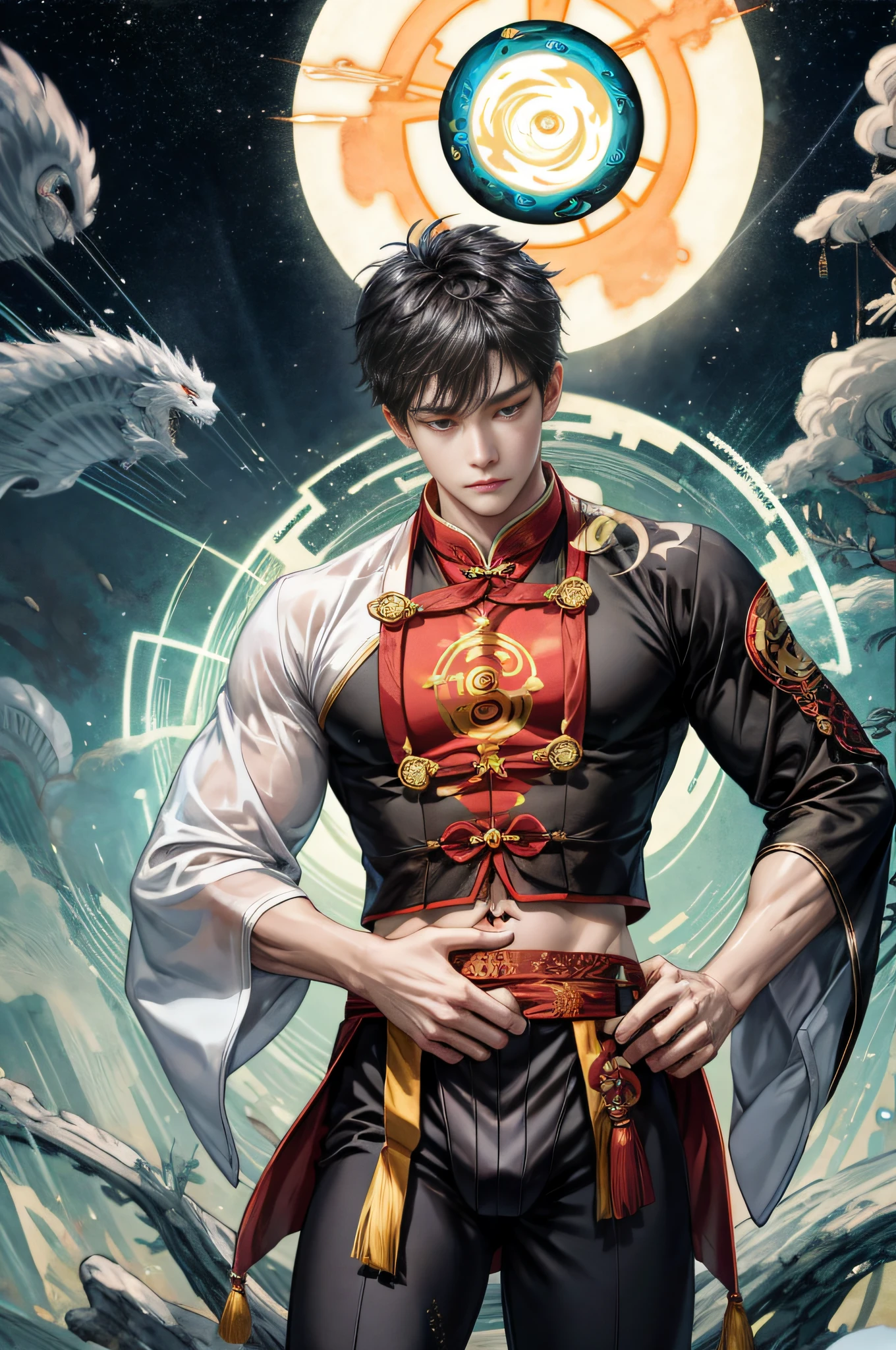 Handsome, 25 years old, Asian, master work, best picture quality, higher quality, high detail, super high resolution, 8k resolution, delicate facial features, boy, big muscles, tattoos, glowing eyes, hair details, [[look away, look to the side, emphasize homosexuality and pay attention to every detail , cross-legged, open Hanfu transparent tulle jacket, white rubber pants, (((((crotch bulge)))) (harmony, balance, yin and yang), Chinese silk painting, Tai Chi principle, smooth movement, interconnected elements, Interaction of contrasting forces, Taoist philosophy, Touch of the I Ching, warm and cold tones, reflective art, inspiration by Laozi, Zhuangzi, Yin and Yang Diagram, Taiji Diagram, Bagua Diagram, Spirit and Flesh Unity, Taoism, Summoning Magic, Movie Lighting, Fire and Ice, Bagua Background, Round Bagua, Yiyang, Taoist Practice, Meditation Meditation, Buddha Meditation, Spiral Dragon, Top Cloud Dragon,