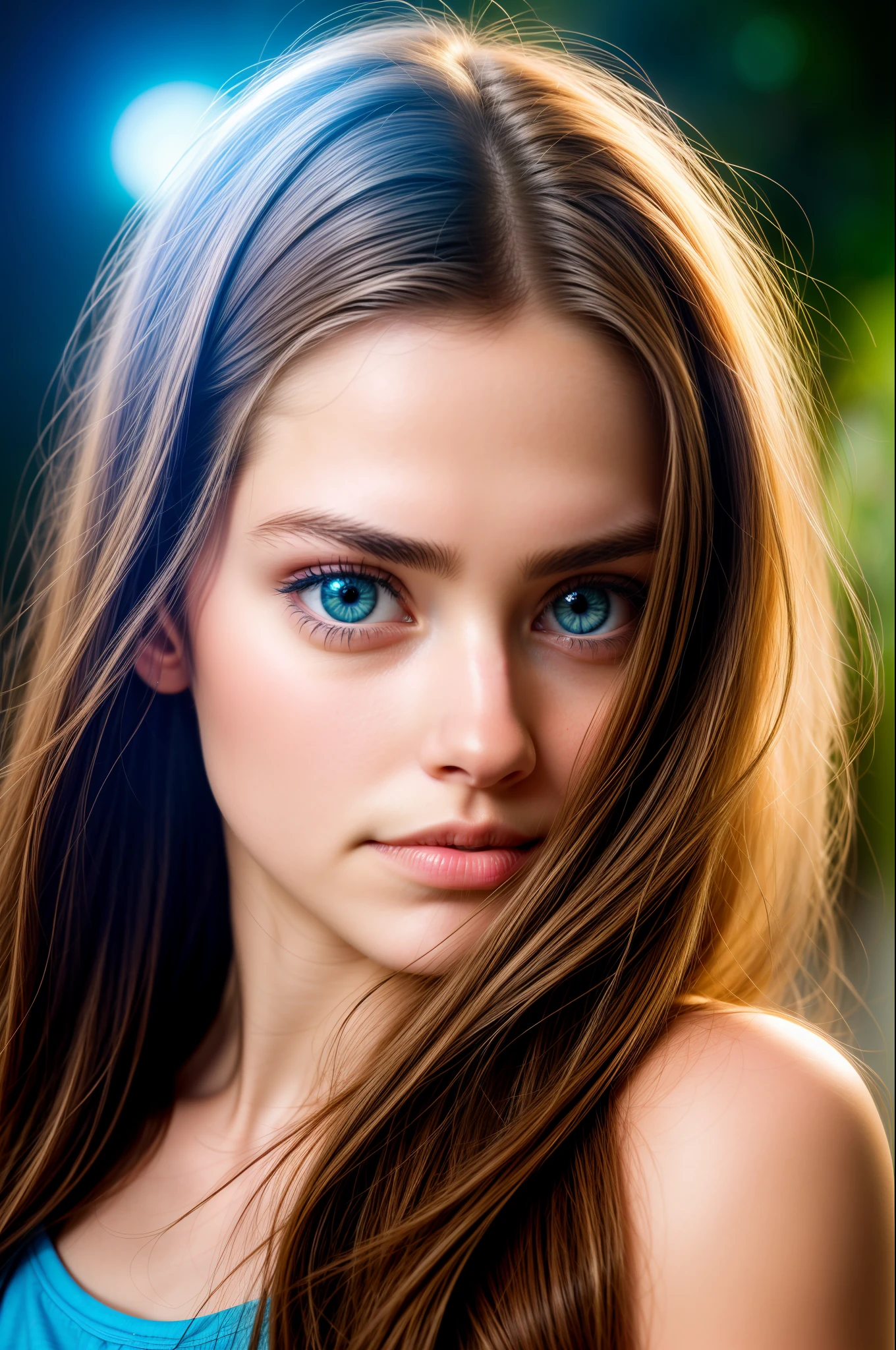a portrait photograph of a beautiful ((20 year old)) woman, award winning photo, best quality, portrait by annie leibovitz, canon 5d mark ii, film, professional photograph, (rich colors:1.1), hyper realistic, lifelike texture, (natural lighting:1.1), (Canon EF 85mm f/1.4L IS USM), large round eyes, oval face, blond hair, blue eyes, puppy dog eyes, glowing eyes, spiral in eyes