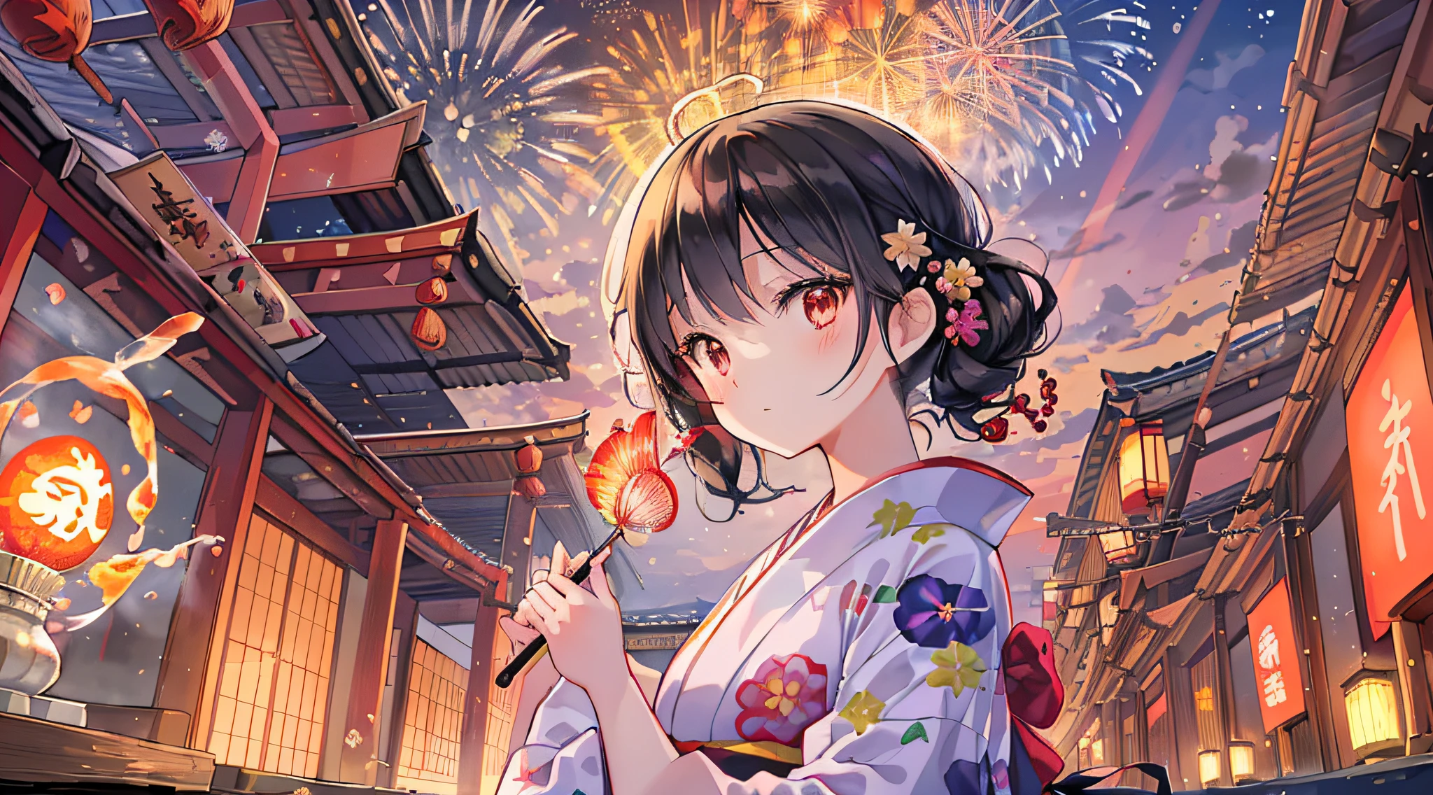 ((Beautiful illustration, highest quality),(Cute girl,Yukata,Morning glory,Black hair),(Fireworks,Goldfish,Bubbles),(Outdoor,Fan,Yang Flame),(Traditional Japan Japanese atmosphere:1.2),(Sunset: 1.1))