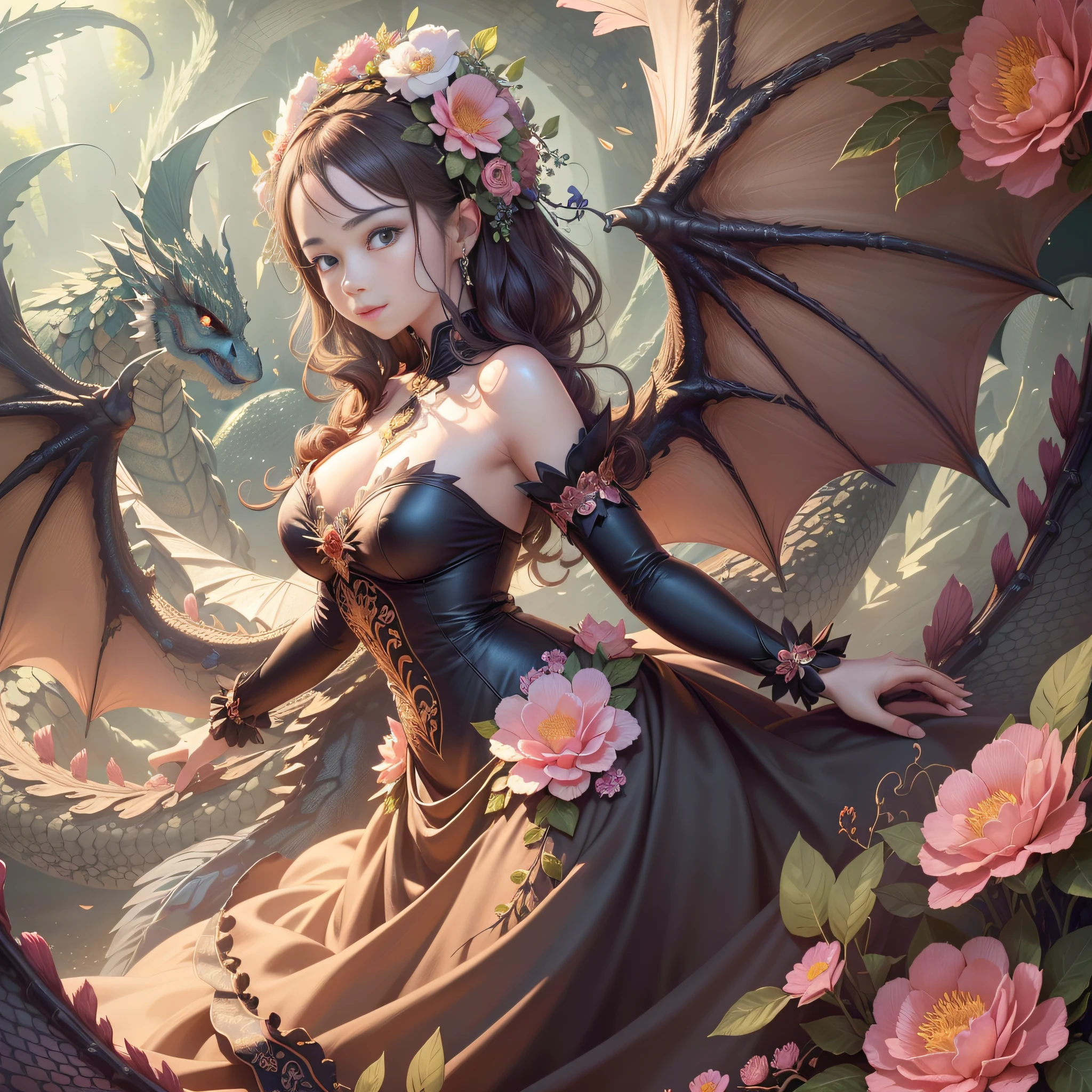 (extremely detailed CG 8k wallpaper, masterpiece, best quality, ultra detailed, best lighting, (best shadow, extremely delicate and beautiful flower), she was surrounded by dragons, , (dragon color: 1.4), long dress