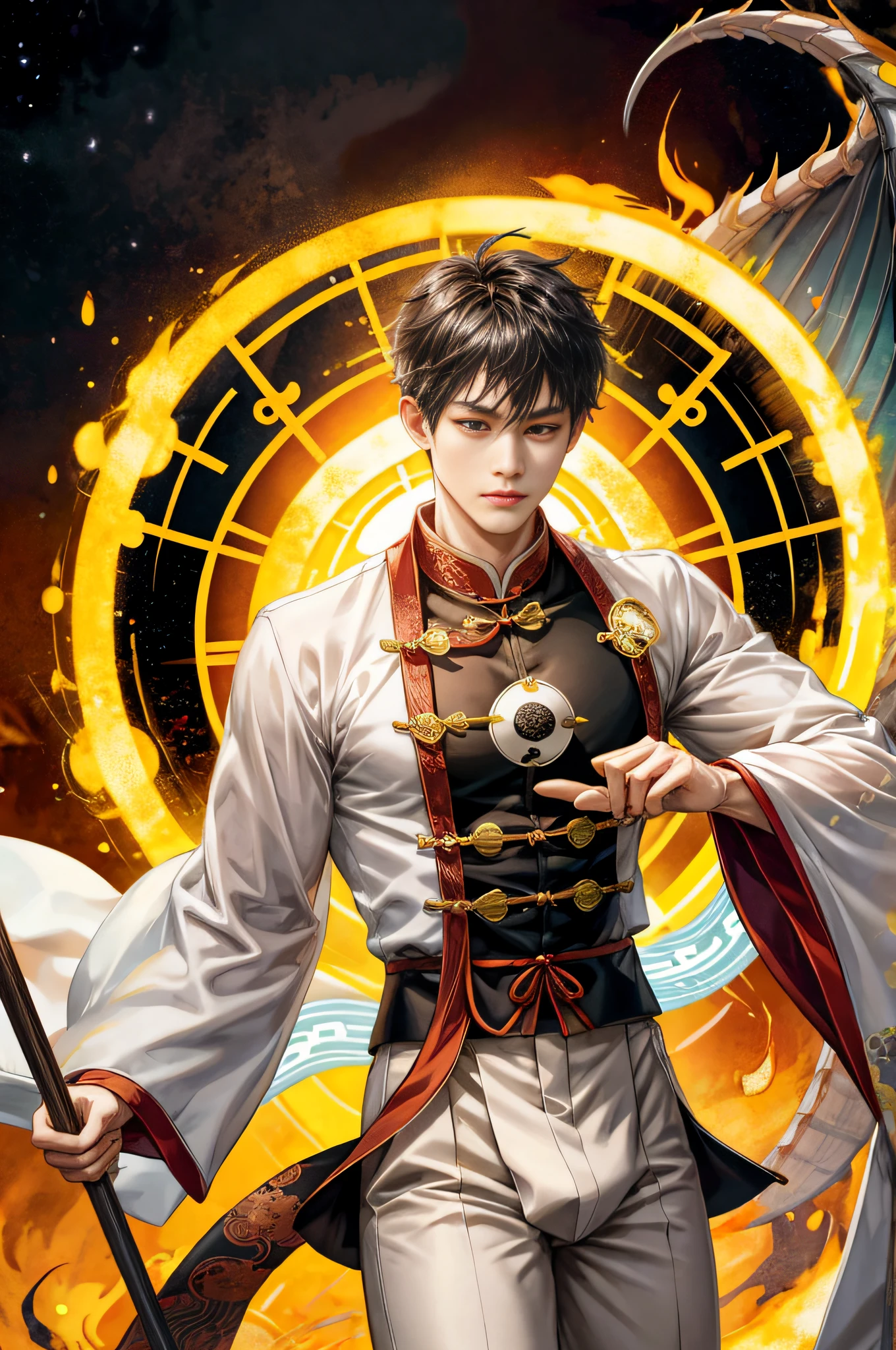 Handsome, 25 years old, Asian, master work, best picture quality, higher quality, high detail, super high resolution, 8k resolution, delicate facial features, boy, big muscles, tattoos, glowing eyes, hair details, [[look away, look to the side, emphasize homosexuality and pay attention to every detail , cross-legged, open Hanfu transparent tulle jacket, white rubber pants, (((((crotch bulge)))) (harmony, balance, yin and yang), Chinese silk painting, Tai Chi principle, smooth movement, interconnected elements, Interaction of contrasting forces, Taoist philosophy, Touch of the I Ching, warm and cold tones, reflective art, inspiration by Laozi, Zhuangzi, Yin and Yang Diagram, Taiji Diagram, Bagua Diagram, Spirit and Flesh Unity, Taoism, Summoning Magic, Movie Lighting, Fire and Ice, Bagua Background, Round Bagua, Yiyang, Taoist Practice, Meditation Meditation, Buddha Meditation, Spiral Dragon, Top Cloud Dragon,