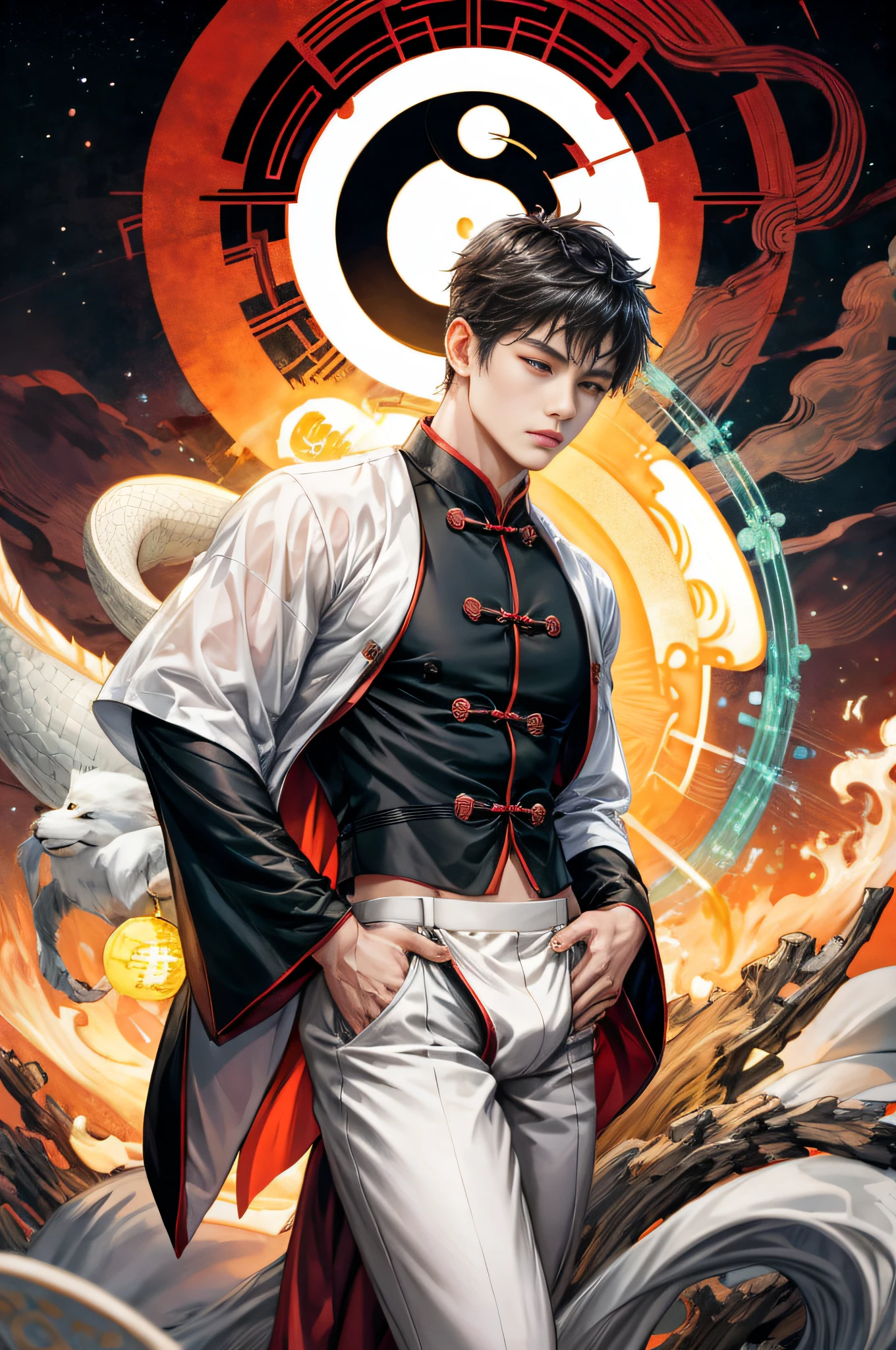 Handsome, 25 years old, Asian, master work, best picture quality, higher quality, high detail, super high resolution, 8k resolution, delicate facial features, boy, big muscles, tattoos, glowing eyes, hair details, [[look away, look to the side, emphasize homosexuality and pay attention to every detail , cross-legged, open Hanfu transparent tulle jacket, white rubber pants, (((((crotch bulge)))) (harmony, balance, yin and yang), Chinese silk painting, Tai Chi principle, smooth movement, interconnected elements, Interaction of contrasting forces, Taoist philosophy, Touch of the I Ching, warm and cold tones, reflective art, inspiration by Laozi, Zhuangzi, Yin and Yang Diagram, Taiji Diagram, Bagua Diagram, Spirit and Flesh Unity, Taoism, Summoning Magic, Movie Lighting, Fire and Ice, Bagua Background, Round Bagua, Yiyang, Taoist Practice, Meditation Meditation, Buddha Meditation, Spiral Dragon, Top Cloud Dragon,
