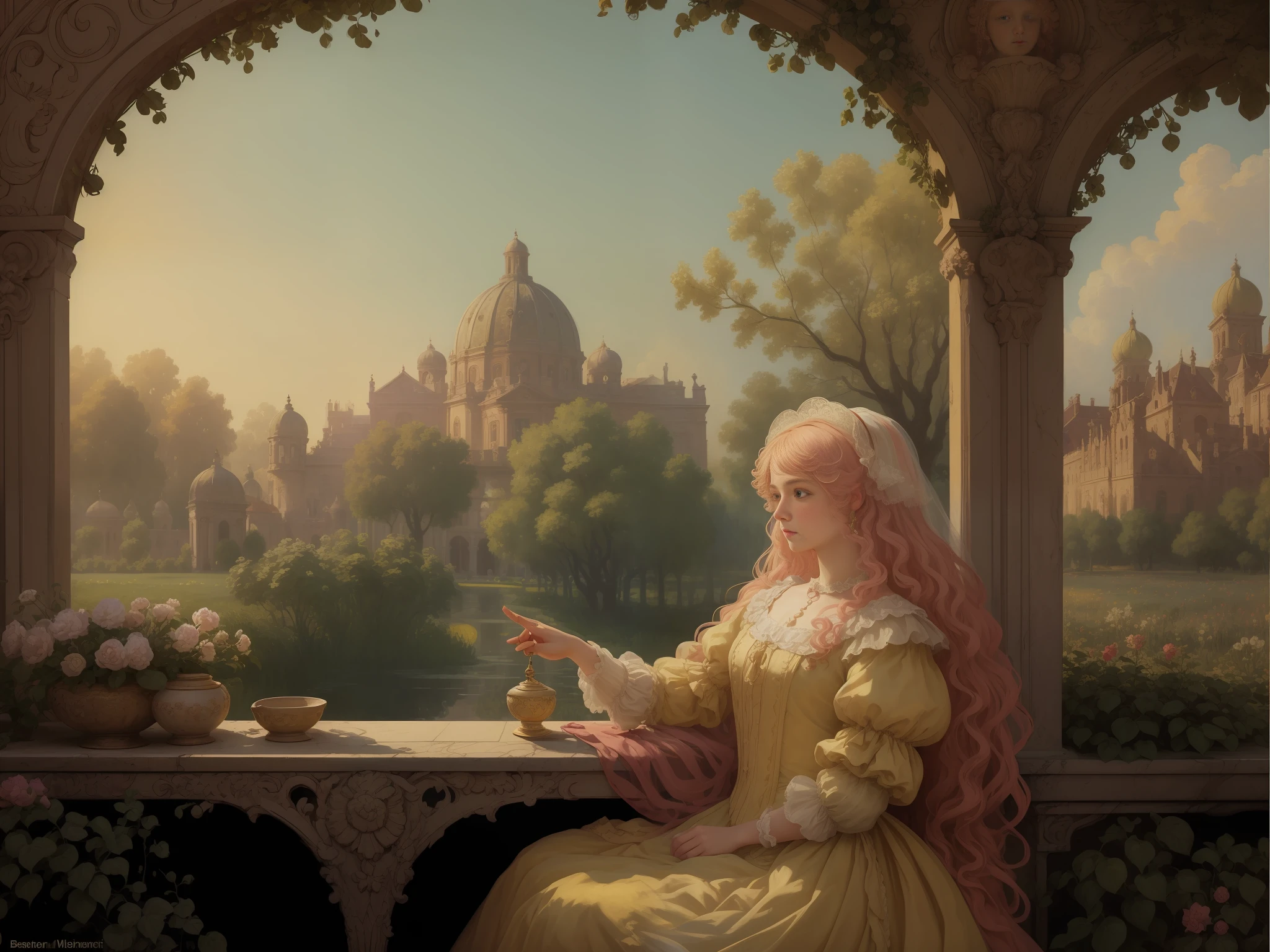 (Vista: 1.3), (Winning painting: 1.3), (8K, Best Quality: 1.3), (Realism: 1.1), Gorgeous and Complex Painting, Rembrandt, Beaux-Arts, A Maiden with Pink Hair in a Gorgeous Dress, Saint, A Bird Standing on Her Hand, Romantic, French Art, Classical, 18th-19th Centuries, Delicate Facial Features, Fluffy Hair, Cute, Baroque Period, Rococo Style, Renaissance, Monet Style, Fragonard Style, Clear Facial Features, Third Person Perspective, Three-Point Perspective, Depth of Field, Full Body Vista, Interior Scum Dye, Babylon Hanging Garden, Oil Painting, Ultra Fine Painting, Wide Angle , delicate face, delicate hand portrayal