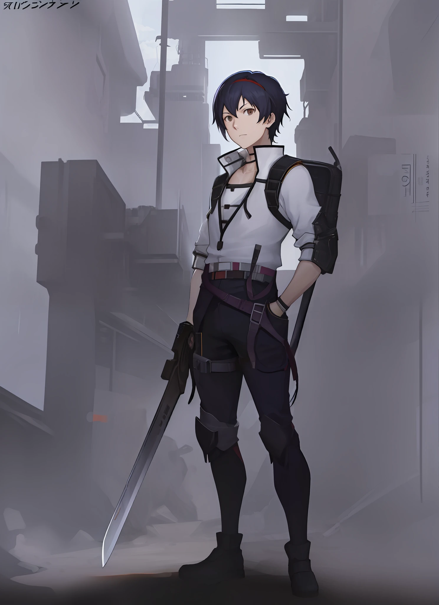 Anime character with sword standing in front of the city, key visual, key art, key anime art, official art, anime key art, key art anime sharp focus, anime key visual", anime key visual concept art, official anime key visual, anime background key visual, anime key visual concept, official character art, Detailed key anime art, illustration Shigenori Soejima Wearing Cargo Pants, Cargo Pants