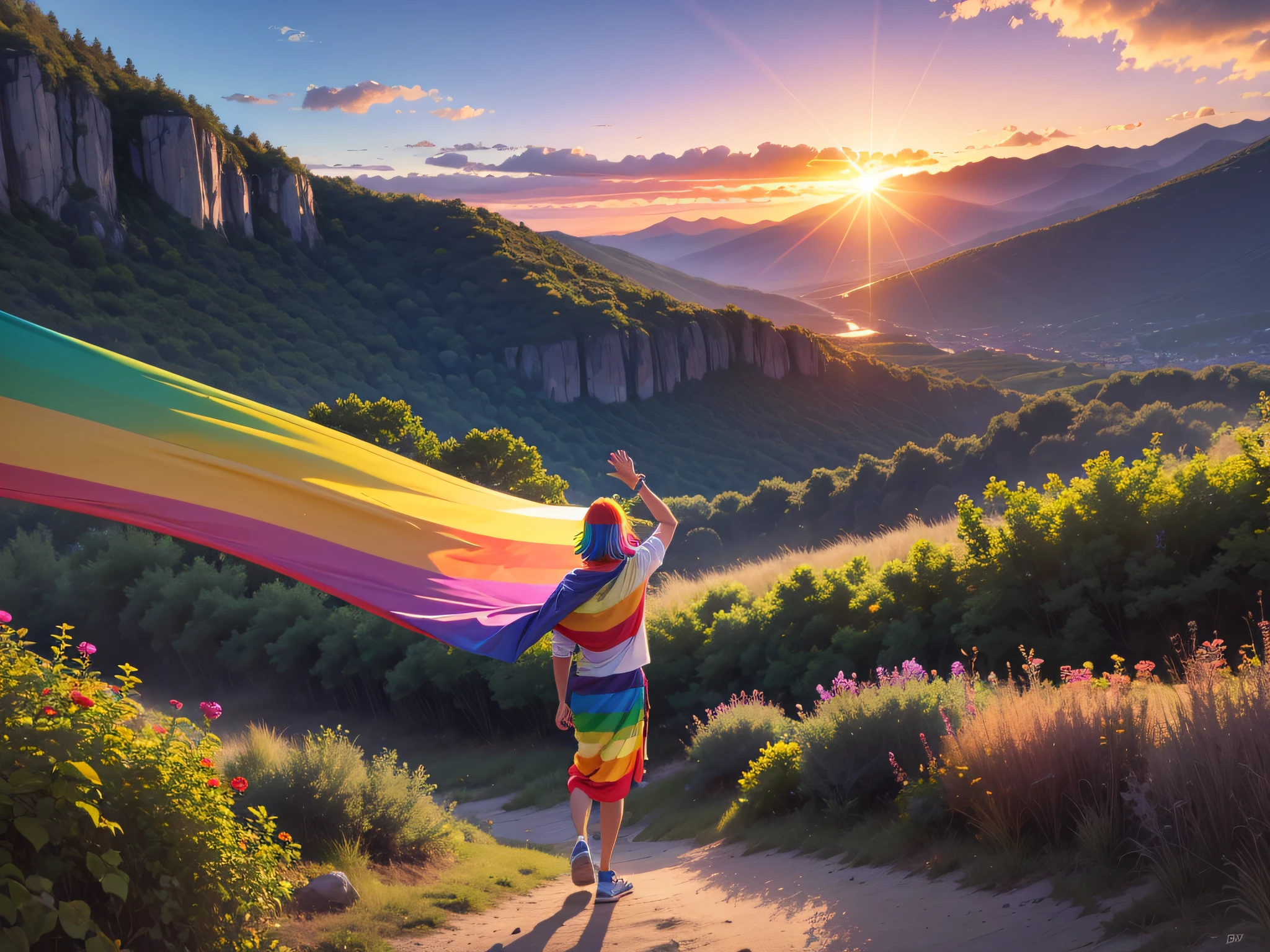 A hand waves a colorful gay pride LGBT rainbow flag at sunset on a natural landscape in summer --auto --s2