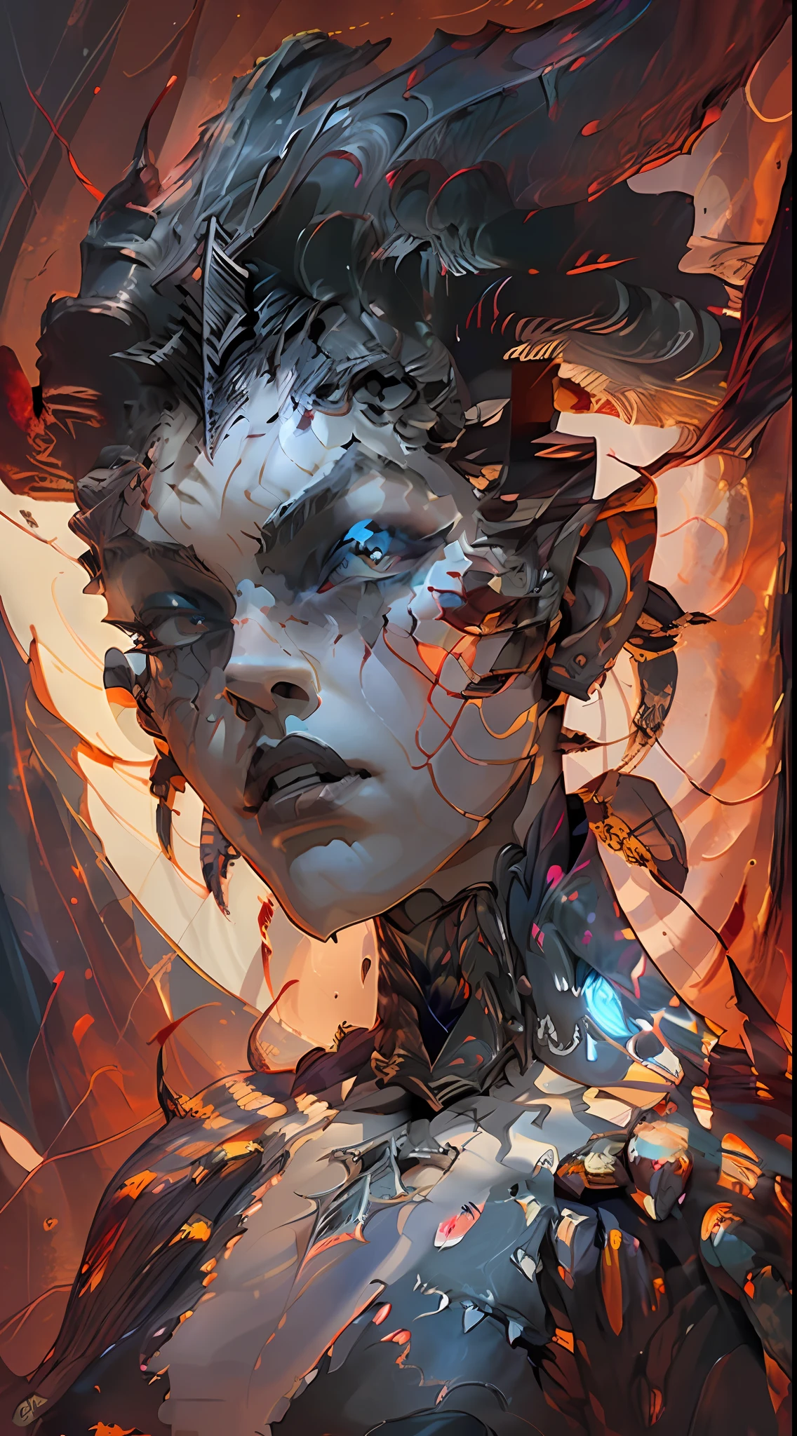 Hyperrealistic bust of an insect, large and expressive eyes, red scratch, crown on the head, ((inkblots)), ((colored inkblots)), in the style of the artist Android Jones, mystical colors, rim light, (((dramatic and dark lighting))), 8k, stunning scene, raytracing, octane, trend in artstation