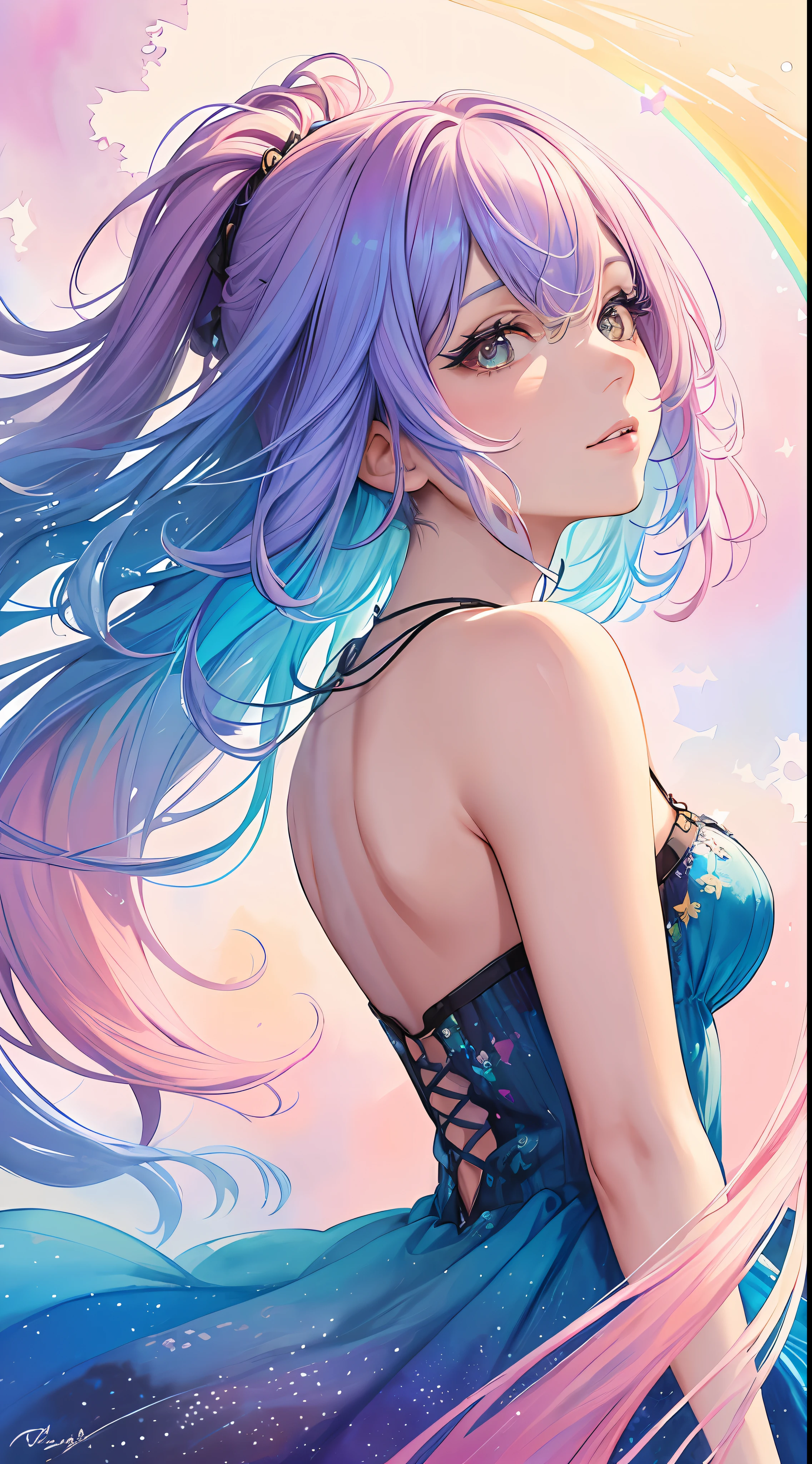 (masterpiece, top quality, best quality,watercolor (medium),official art, beautiful and aesthetic:1.2),(1girl:1.3), (fractal art:1.3),upper body, from side, looking at viewer,patterns,(rainbow color Hair,colorful hair,half blue and half pink hair:1.2),water,liquid, cloud,colorful, starry,stars,