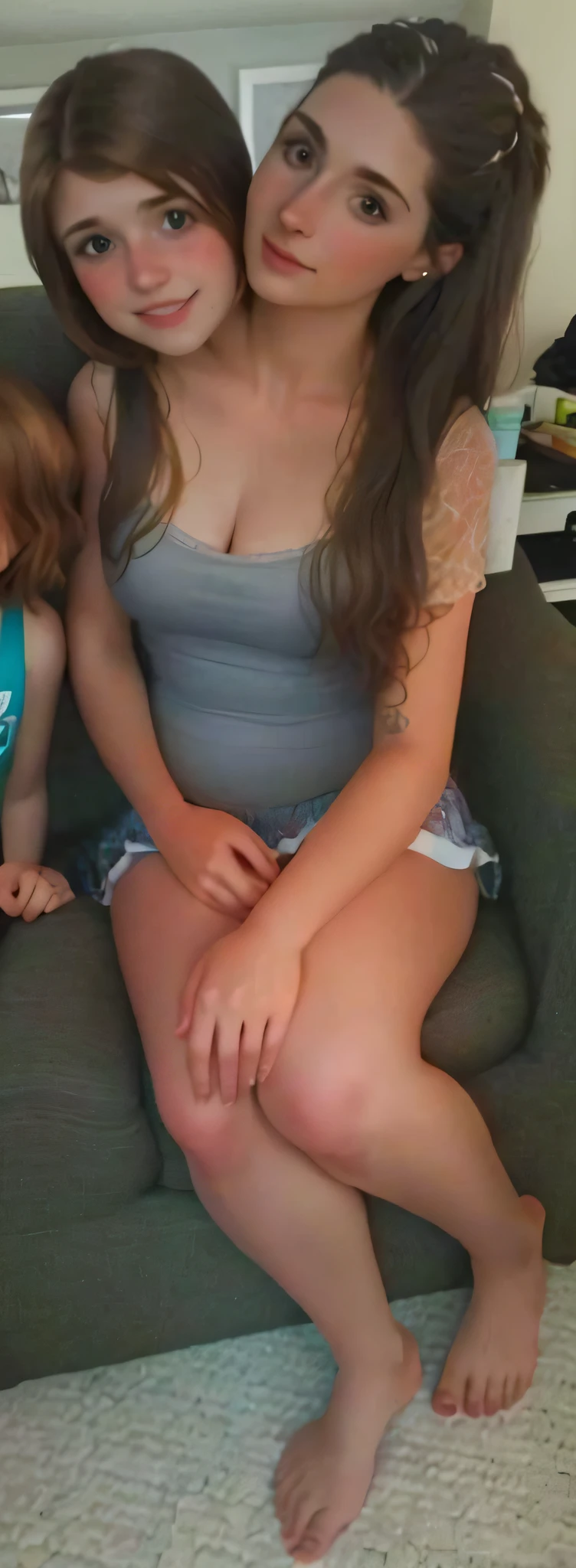 2heads, mom and daughter, (first head:1.5 child), (second head:1.5 young adult), white girls, different ages, (two heads on one body:1.5), conjoined twins, heads side by side, one torso, young, realistic faces, uncomfortable,