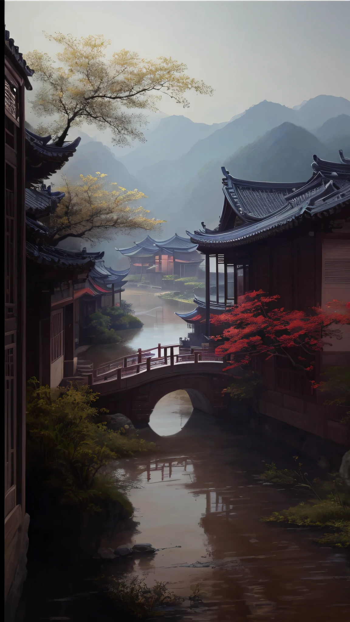 painting of a river with a bridge and a bridge in the middle, dreamy chinese town, wlop painting style, detailed painting 4 k, chinese village, beautiful oil matte painting, inspired by Fenghua Zhong, by Song Xu, old asian village, by Dong Yuan, in style of james paick, style of raphael lacoste, by Qu Leilei
