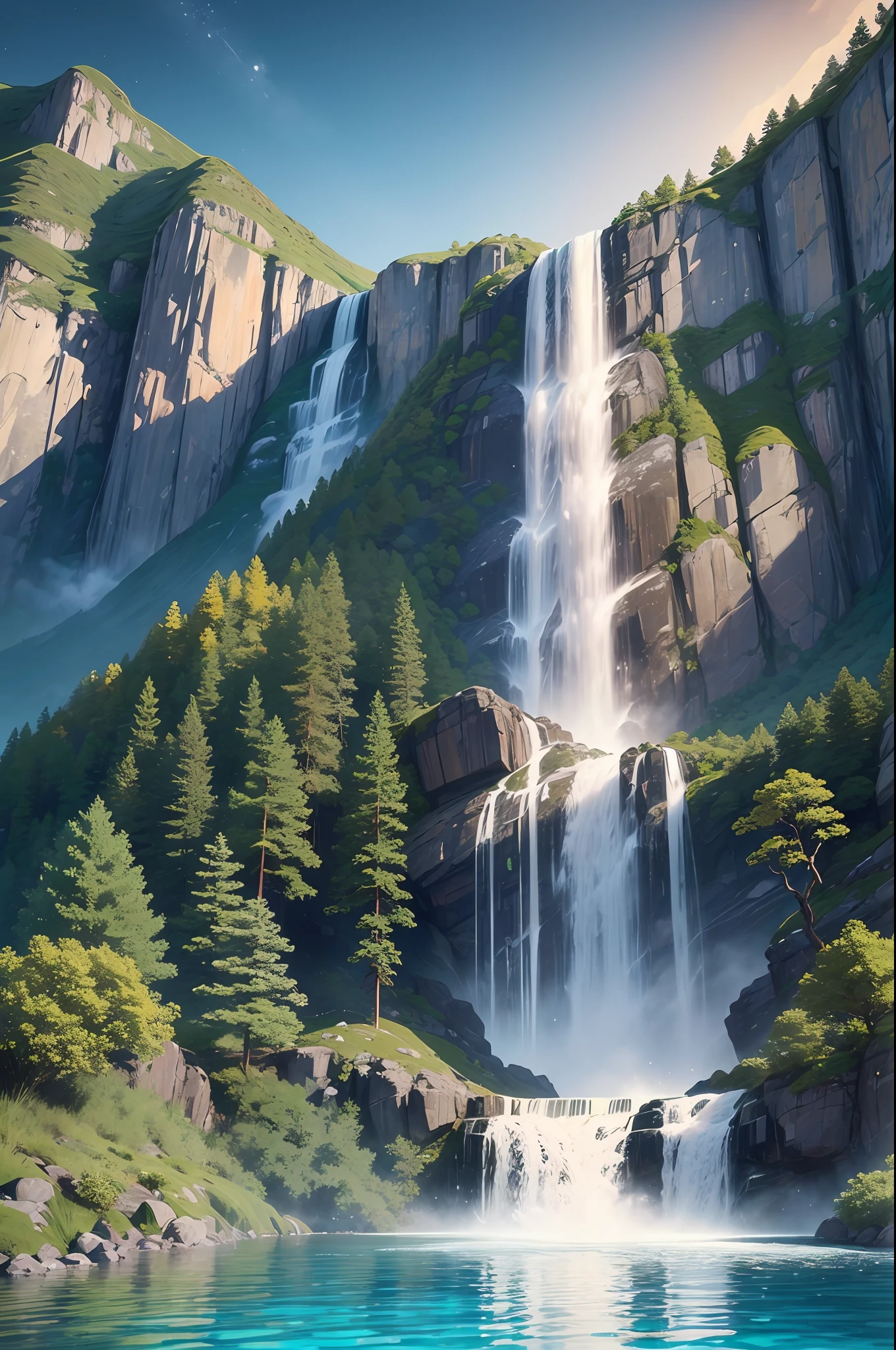 (extremely detailed, best quality) A mesmerizing cascade of water dropping down into a serene pool of water, set amidst a breathtaking mountain waterfall with a tall and rough mountain range in the background, capturing the serene beauty of the night view. --auto --s2