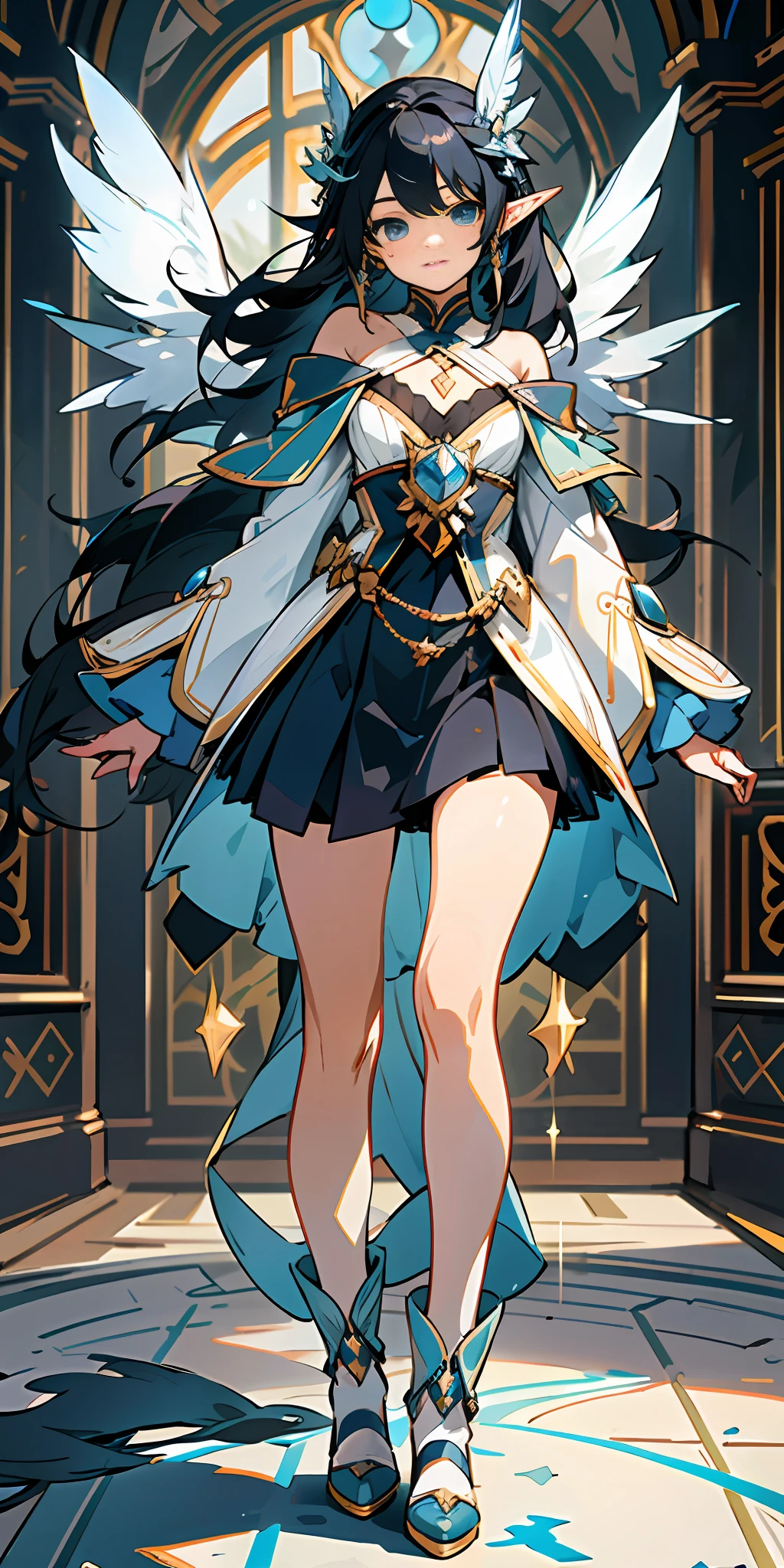 Elf, a magical girl, long black hair, small wings, perfect eyes, perfect face, twisted braid on one side of the ear, feather earrings, full body, magician, tactical pack, scroll, off-the-shoulder, clothes are blue and white, magic weapons, fantasy creatures, dynamic poses, unique character designs, exquisite costumes, medicine bottles, cards, standing paintings, floor tables, HD, masterpieces, super details, (best quality, high resolution), super high resolution, ultra HD, 32K, cgstation pop ----niji 5