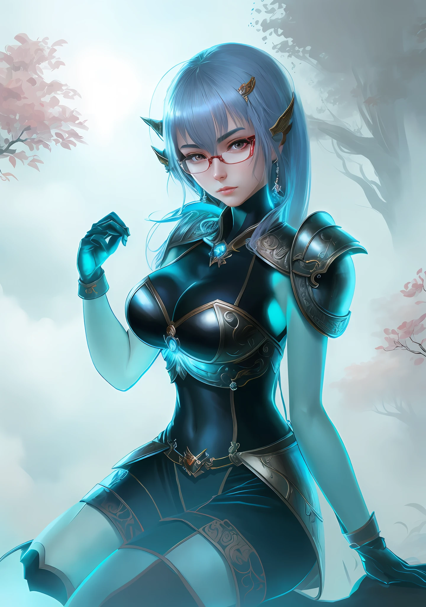 Beautiful woman close-up, detailed fantasy art, red glasses, Japan style, stunning character art, fan art best art station, magnificent exquisite character art, beautiful armor, highly detailed art germ, detailed digital animation art, art germ of art station pixiv