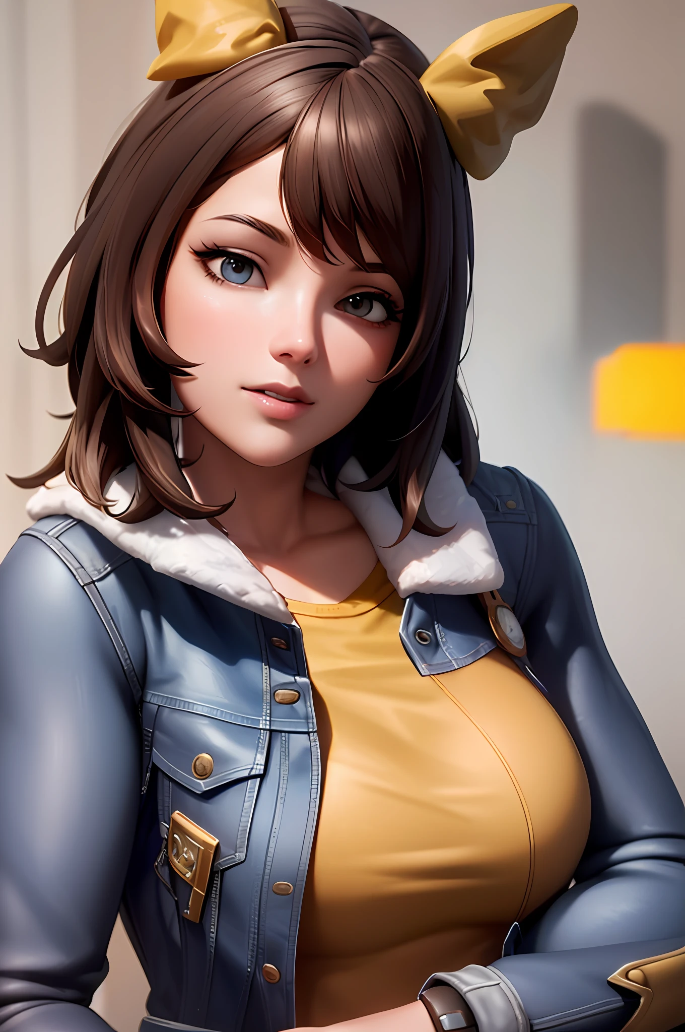 there is a woman in a blue jacket and yellow top, photorealistic anime girl render, render of april, realistic artstyle, artgerm ; 3d unreal engine, rendered in sfm, photorealistic artstyle, 8k artgerm bokeh, realistic anime 3 d style, render of a cute 3d anime girl, closeup character portrait, character close up