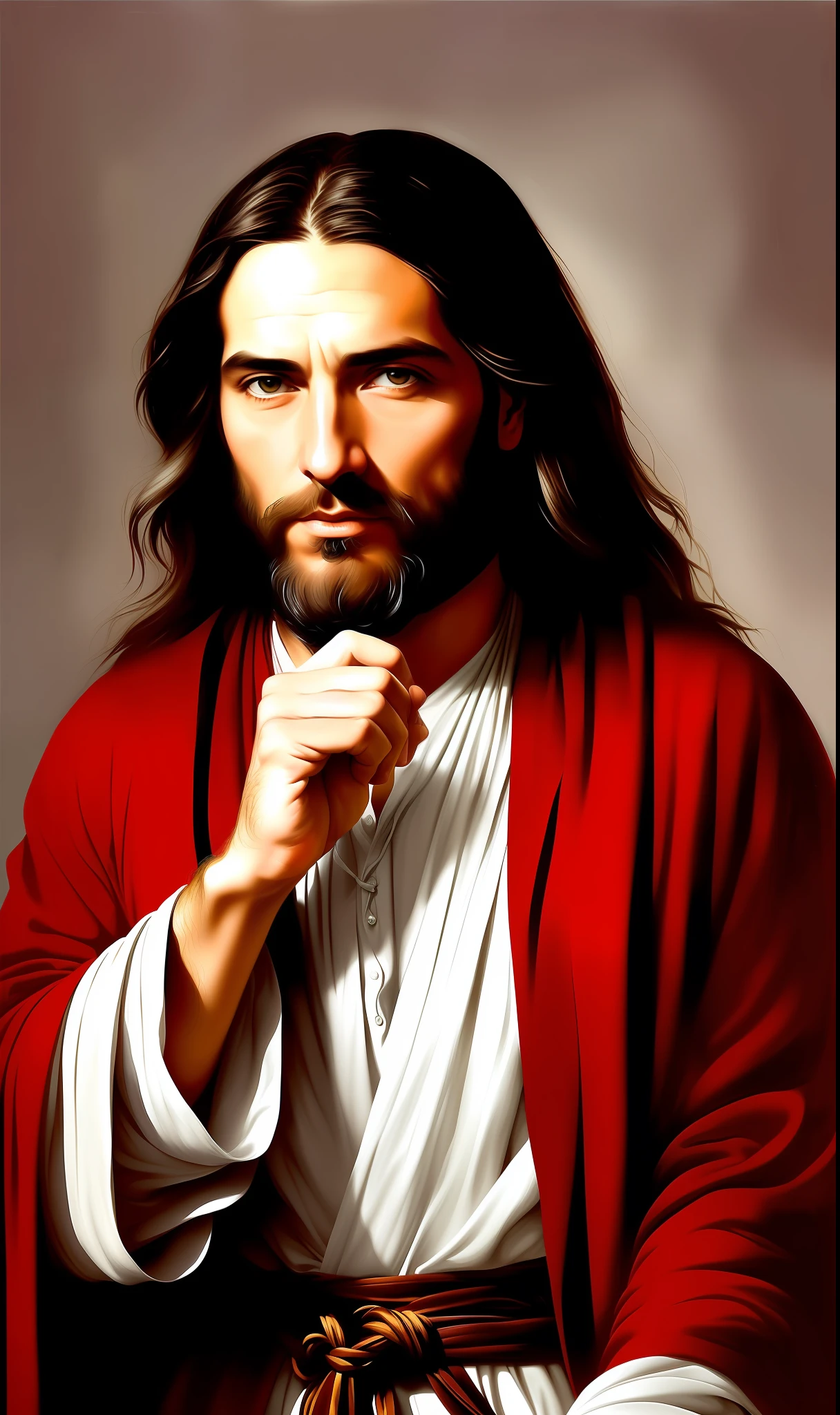 A beautiful ultra-thin realistic portrait of Jesus the prophet, long gray hair, long black beard, pointing his finger at me, wearing black and red striped tunic, in front view, full body, biblical, realistic, intricate details, by Abbott Fuller Graves, Bartolome Esteban Murillo, J.C. Leyendecker, Craig Mullins, Peter Paul Rubens, (Caravaggio), Trend in Artstation, 8K, Concept Art,  Fantasy Art, PhotoRealistic, Realistic, Illustration, Oil Painting, Surrealism, HyperRealistic, brush brushes, Digital art, style, watercolor