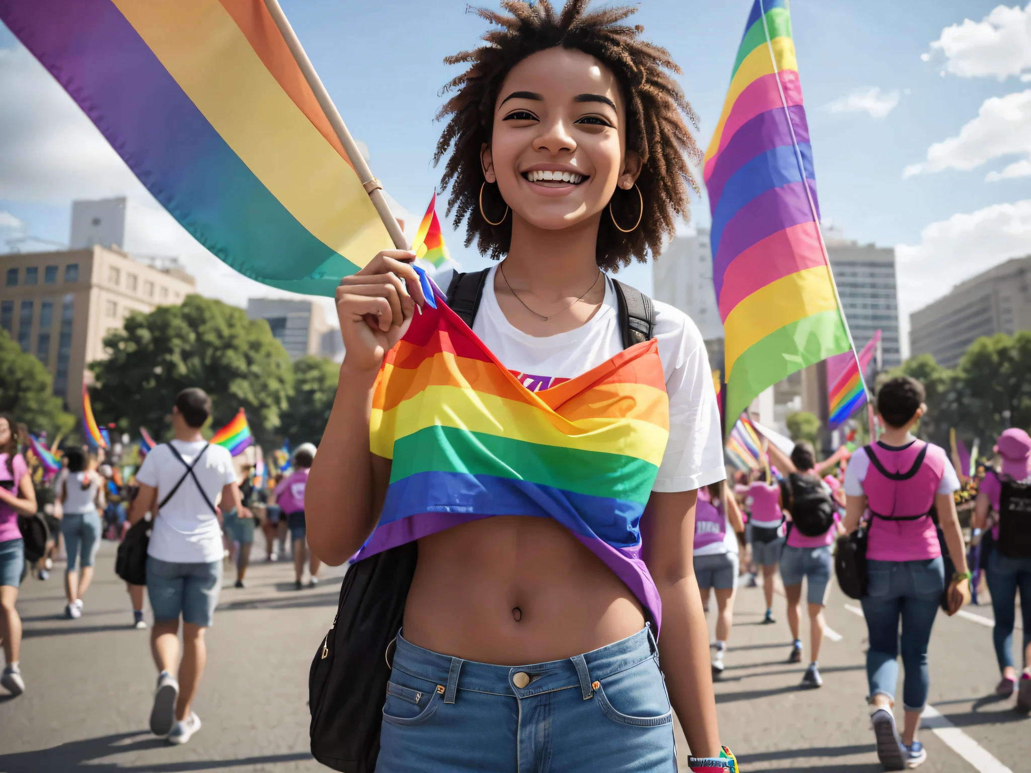 Young activist woman smiling and holding rainbow flag symbol of Lgbtq social movement --auto --s2