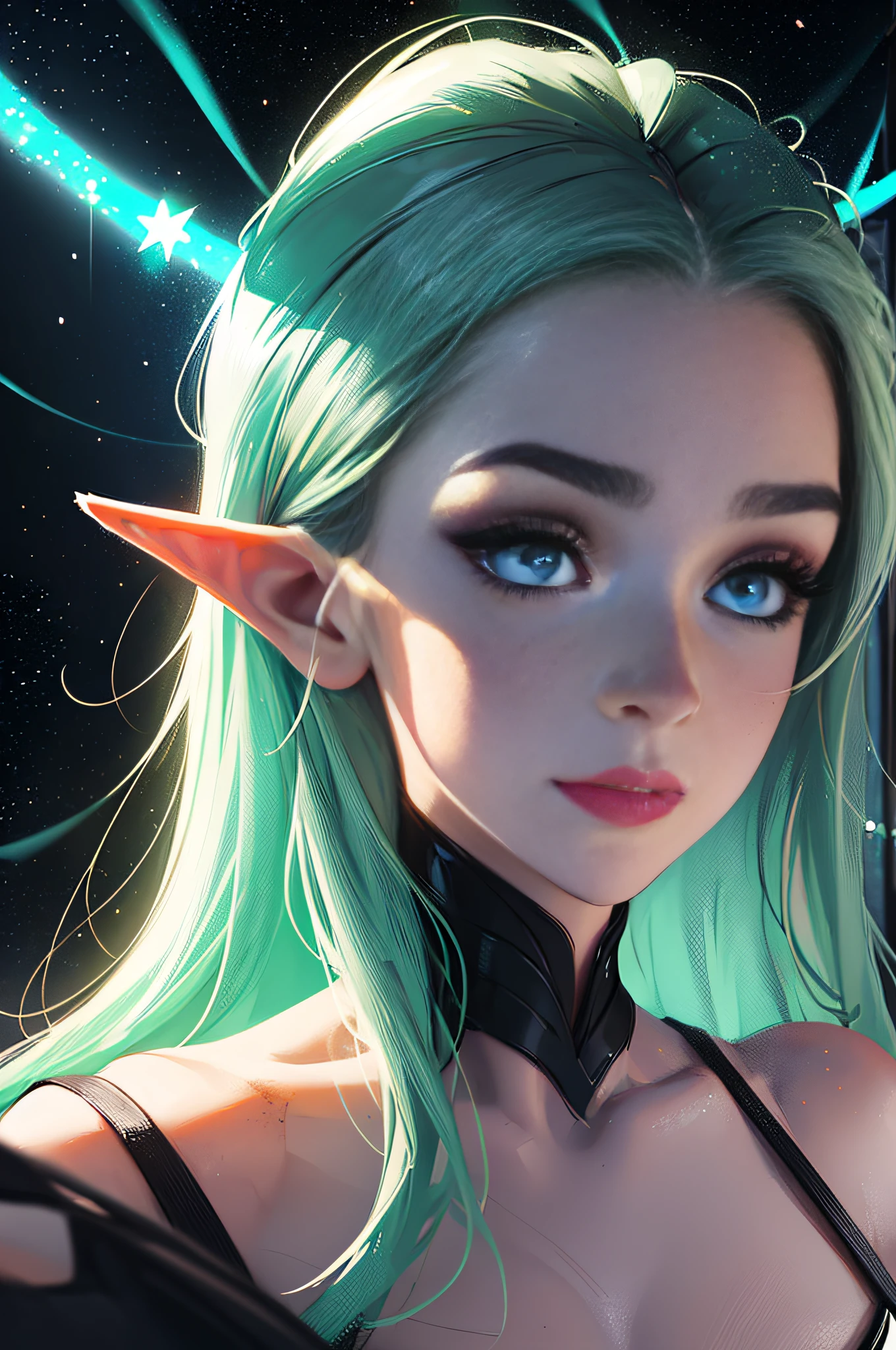 a portrait of a elf girl with freckles and bright striking blue eyes posing for a photo full body shot, bare shoulders, muscular, fit, defined abs, thongs, (prominent cameltoe) white freckles, long flowing green hair flying, glowing radiance, beautiful pale makeup, color portrait, stunning portrait, elegant freckles, wearing black thongs with glowing runes of power, black gloves, star-shine, gold dust spread across her skin and her face, (dark, hyper-realistic photos (((portrait))) refraction ,Dark background of magical night forest, deep woods, towering ruins, starlight skies
