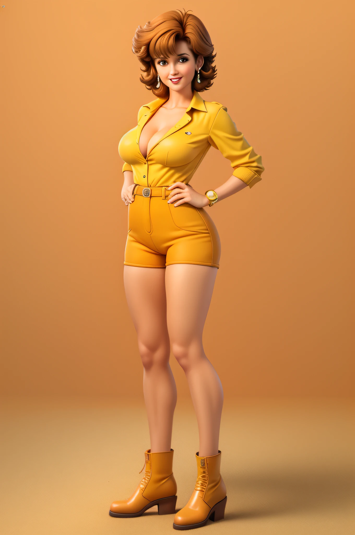 cowboy shot, april o'neil, 1980s \(style\), 1girl, brown hair, orange hair, retro artstyle, short hair, solo, yellow jumper suit, unbutton_shirt, (naked_breasts:1.2), medium_breasts, cleavage, full body shot, model pose, shoes visible