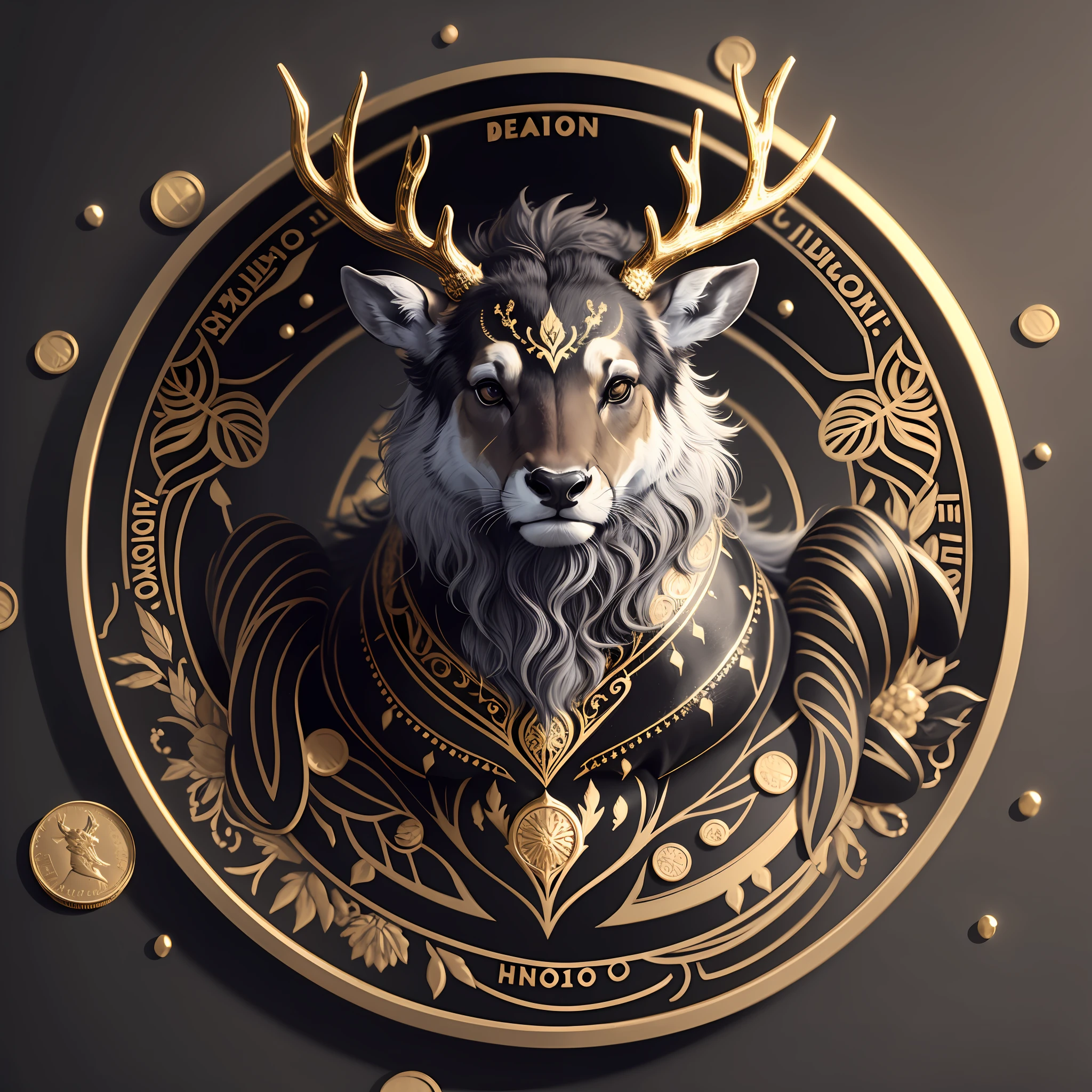 Beauty dressed as a stag in the middle of a coin colored black and gold --auto --s2
