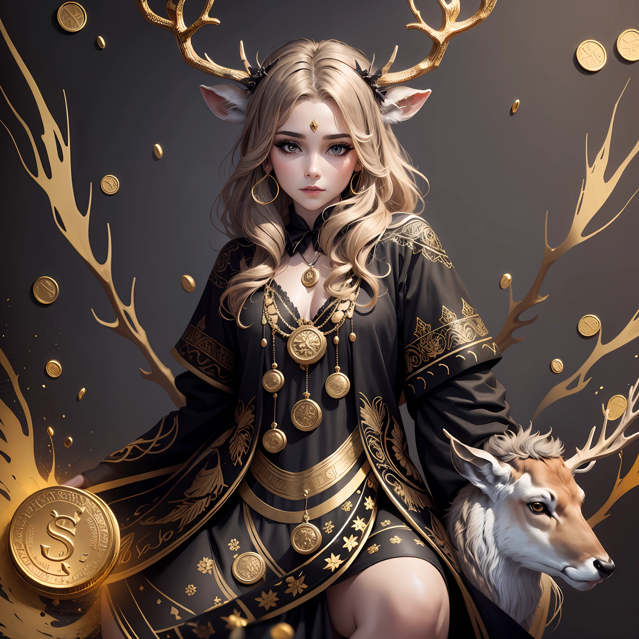 Beauty dressed as a stag in the middle of a coin colored black and gold --auto --s2