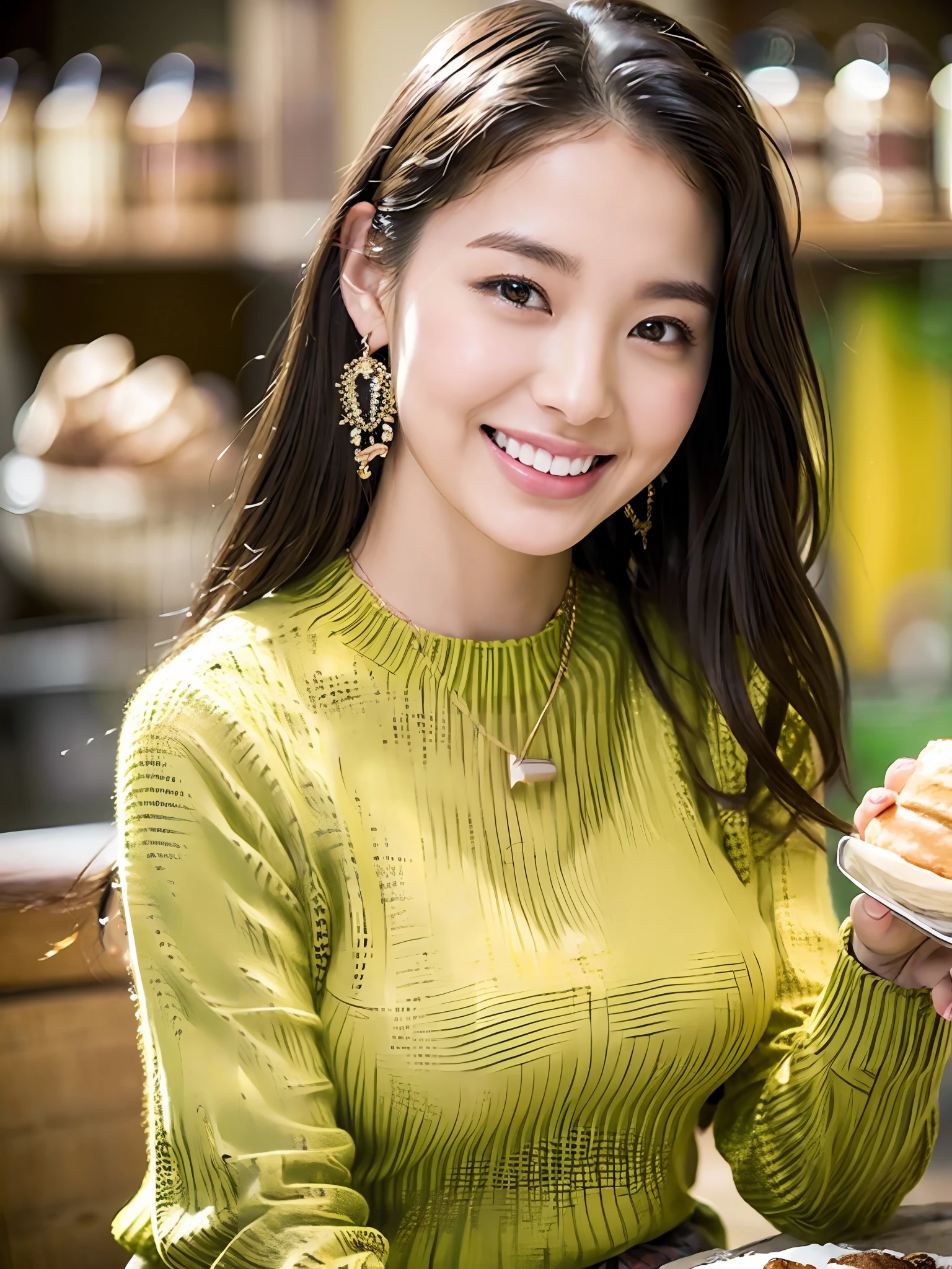 Perfect face and big breasts, lean face, thin eyebrows, brown hair, rolled hair, ((20-year-old girl with a slim and slender physique)), slender physique, lean !!!、 skin has detailed and very detailed eyes (1.1 emphasis), very detailed skin texture (1.1 emphasis). Necklace. Model photo style, photorealistic, skin texture is real human skin texture, detailed skin pores, intricate details, eyes very detailed. Adult date attire, dating, dating!!!、! Dream date, very detailed date, bread, bakery in-store. Black knitted sweater, jacket, rucksack, earrings. Full body, attractive sexy little bit, smile, strong smile, cute pose, sitting. Holding bread, eating bread, opening mouth, bursting out, laughing big, smiling. : 2, eros, sexy --s2