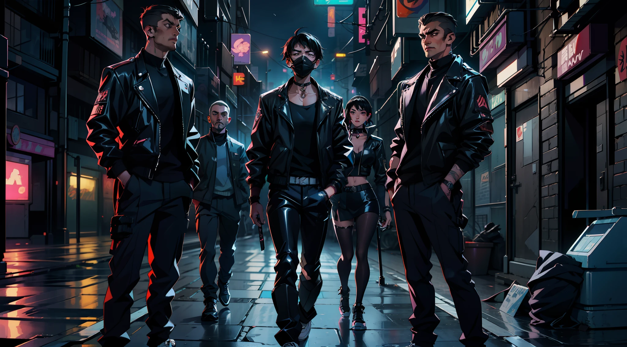 Femme magnifique ( néon cyberpunk ), night, moon, cyberpunk city, dark and gloomy alley, garbage bug, high detail, high quality, neon lights aside, standing a guy and 3 grown men around a guy with black hair who is pressed against the wall, rough looking men