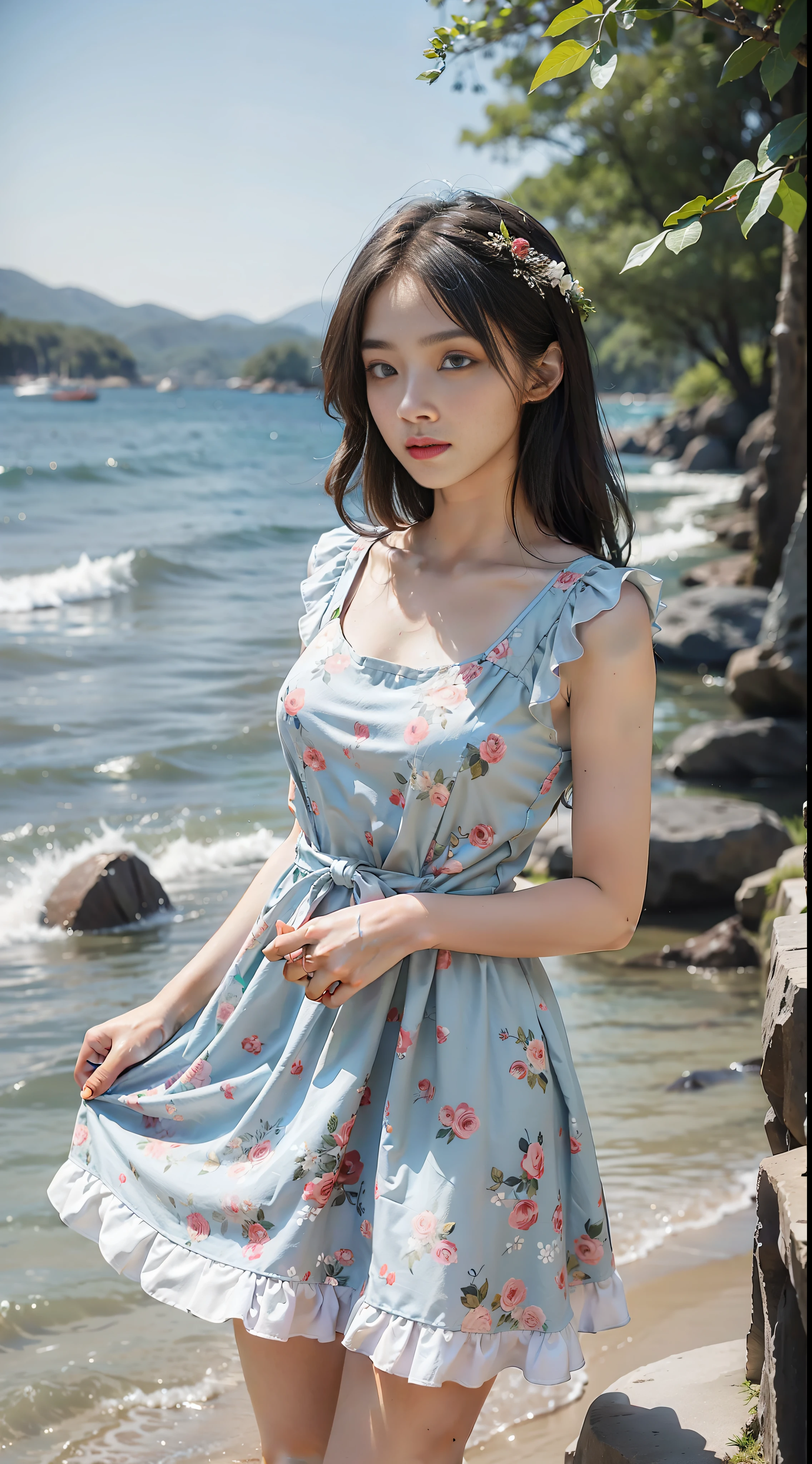 Girl in dress in floral dress in water