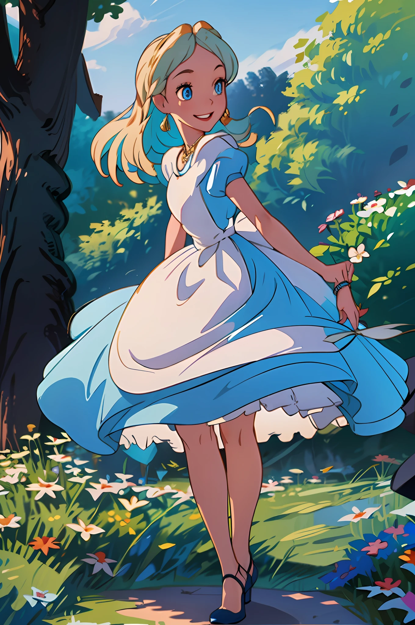 (Masterpiece: 1.4), (Best quality: 1.4), (High resolution: 1.4), Cinderella, blue dress, smile, look at the audience, balls hair, blue eyes, castle, (golden hair), high heels, (necklace)