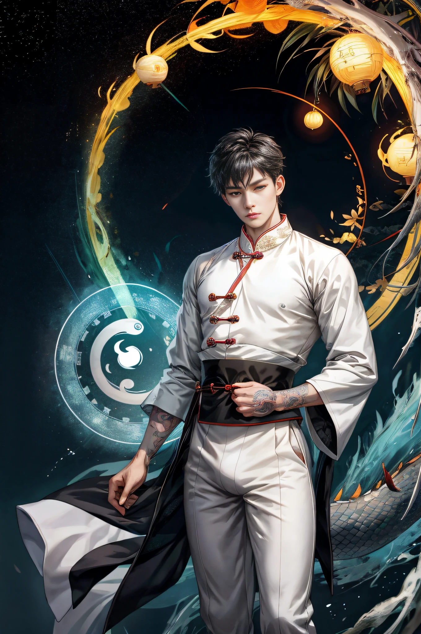 Handsome, 25 years old, Asian, master work, best picture quality, higher quality, high detail, super high resolution, 8k resolution, delicate facial features, boy, big muscles, tattoos, glowing eyes, hair details, [[look away, look to the side, emphasize homosexuality and pay attention to every detail , cross-legged, open Hanfu transparent tulle jacket, white rubber pants, (((((crotch bulge)))) (harmony, balance, yin and yang), Chinese silk painting, Tai Chi principle, smooth movement, interconnected elements, Interaction of contrasting forces, Taoist philosophy, Touch of the I Ching, warm and cold tones, reflective art, inspiration by Laozi, Zhuangzi, Yin and Yang Diagram, Taiji Diagram, Bagua Diagram, Spirit and Flesh Unity, Taoism, Summoning Magic, Movie Lighting, Fire and Ice, Bagua Background, Round Bagua, Yiyang, Taoist Practice, Meditation Meditation, Buddha Meditation, Spiral Dragon, Top Cloud Dragon,