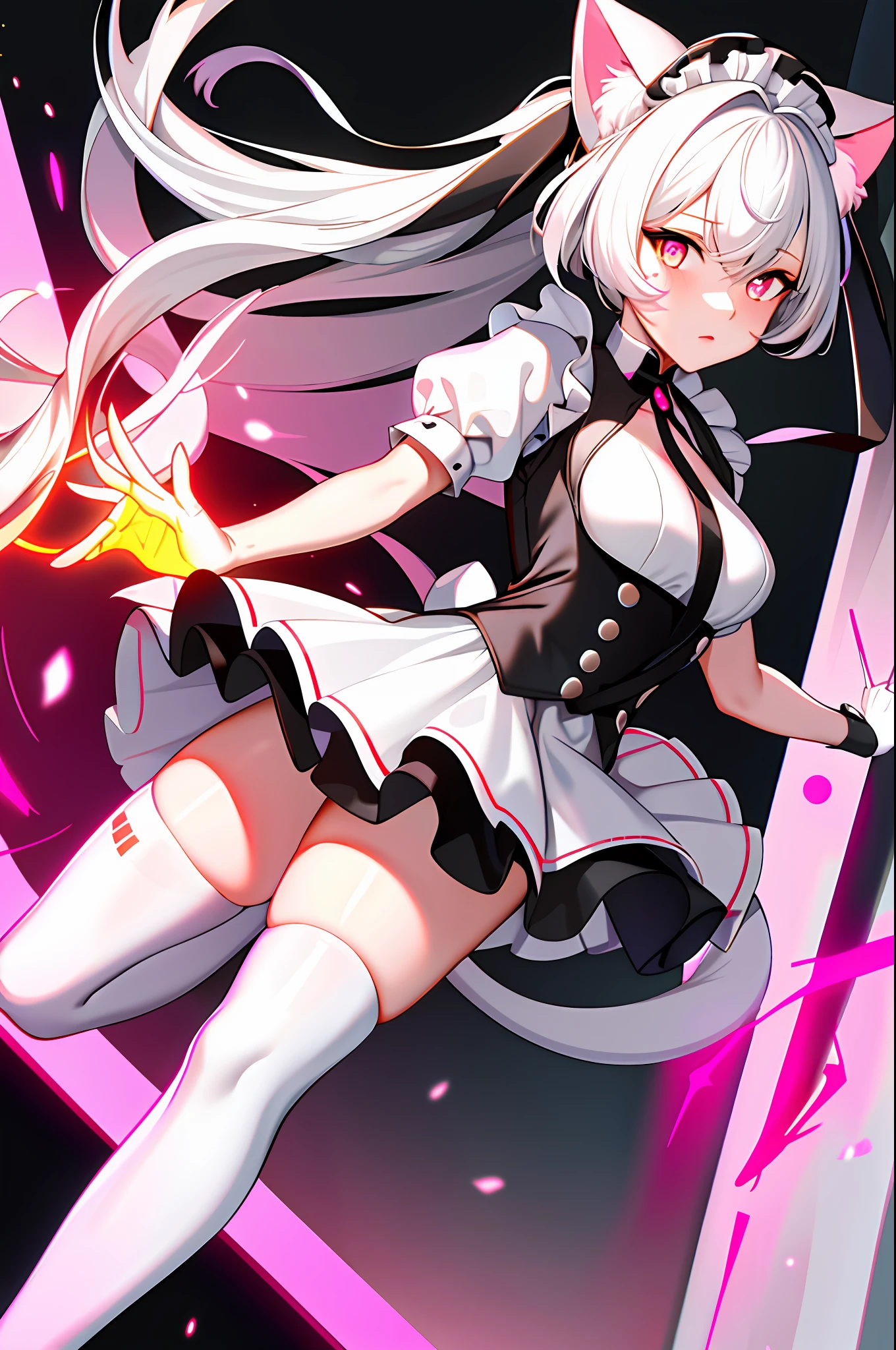 (Best Quality), (Maid Outfit), (Over-the-Knee White Stockings), (White Hair), (Cat Ears), ([NSFW]:0.1), (Pink Pupils), (Delicate Face), (Radioactive Glow), (Orange Background), (Dynamic).