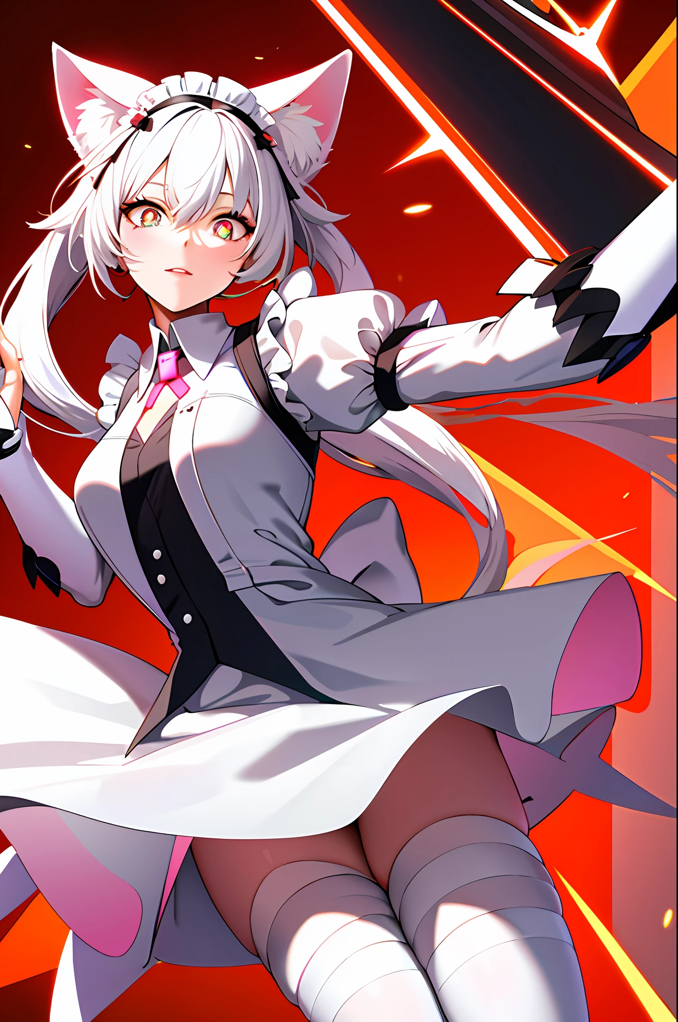 (Best Quality), (Maid Outfit), (Over-the-Knee White Stockings), (White Hair), (Cat Ears), ([NSFW]:0.1), (Pink Pupils), (Delicate Face), (Radioactive Glow), (Orange Background), (Dynamic).