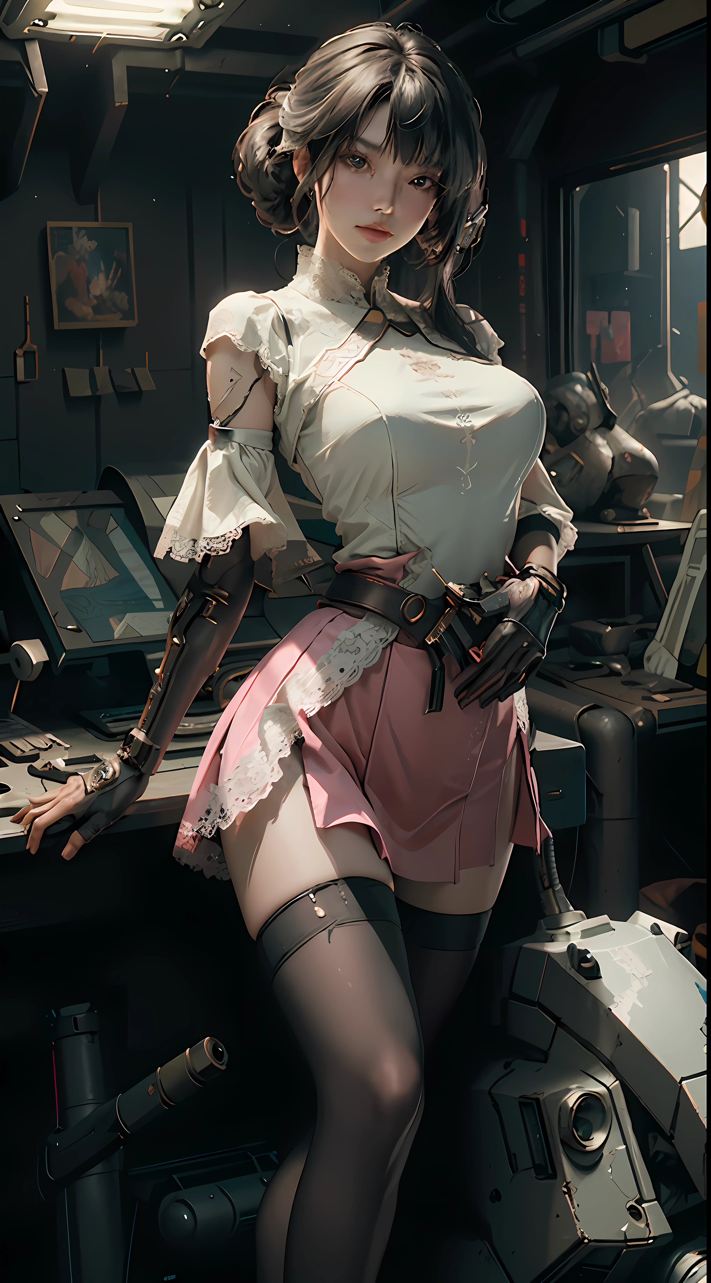 ((Best Quality)), ((Masterpiece)), (Very Detailed:1.3), 3D, Shitu-mecha, Beautiful cyberpunk woman with her mech in the ruins of a city in the forgotten war, ancient technology, HDR (High Dynamic Range), ray tracing, NVIDIA RTX, Super Resolution, Unreal 5, Subsurface scattering, PBR texture, Post processing, Anisotropic filtering, Depth of field, Maximum sharpness and sharpness, Multilayer texture, Albedo and highlight maps, Surface shading, Accurate simulation of light-material interactions, perfect ratios, octane rendering, duotone lighting, low ISO, white balance, rule of thirds, wide aperture, 8K RAW, high efficiency sub-pixels, subpixel convolution, luminous particles, light scattering, tyndall effect, transparent outfit, lace edges, lace seduction, open legs, miniskirts, long legs, thighs, big breasts, huge breasts, split skirt, pink lace trim, upturned hips