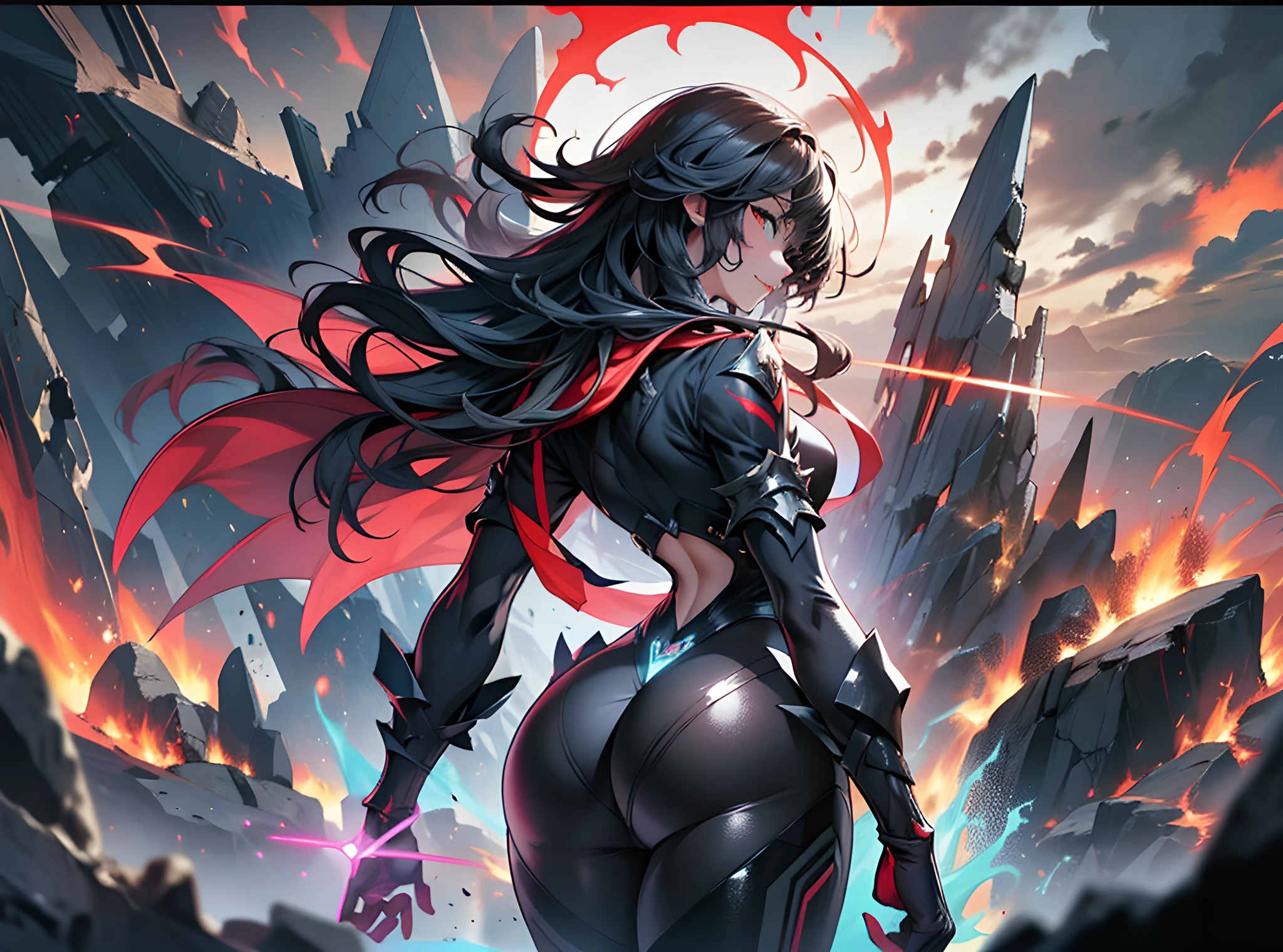 16K, HDR, UHD, ray tracing, absurdres, high res, depth of field, enormous scale, best quality, masterpiece, award winning, official art, 1girl, solo, beautiful, back view, bubble butt, tattoos, glowing, boss fight, trending on art station, dark fantasy, red theme, dark sky, massive proportions, mountains, storm, epic proportions, fantastical, dark magical fantasy, landscape, wasteland,