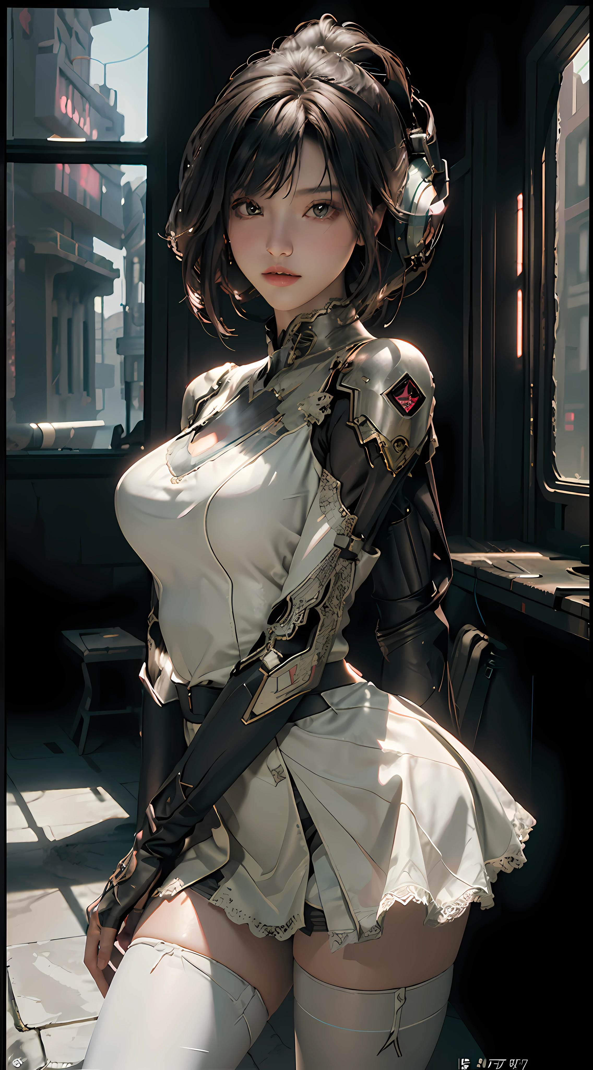 ((Best Quality)), ((Masterpiece)), (Very Detailed:1.3), 3D, Shitu-mecha, Beautiful cyberpunk woman with her mech in the ruins of a city in the forgotten war, ancient technology, HDR (High Dynamic Range), ray tracing, NVIDIA RTX, Super Resolution, Unreal 5, Subsurface scattering, PBR texture, Post processing, Anisotropic filtering, Depth of field, Maximum sharpness and sharpness, Multilayer texture, Albedo and highlight maps, Surface shading, Accurate simulation of light-material interactions, perfect ratios, octane rendering, duotone lighting, low ISO, white balance, rule of thirds, wide aperture, 8K RAW, high efficiency sub-pixels, subpixel convolution, luminous particles, light scattering, tyndall effect, transparent outfit, lace edges, lace seduction, open legs, miniskirts, long legs, thighs, big breasts, huge breasts, split skirt, pink lace trim, upturned hips