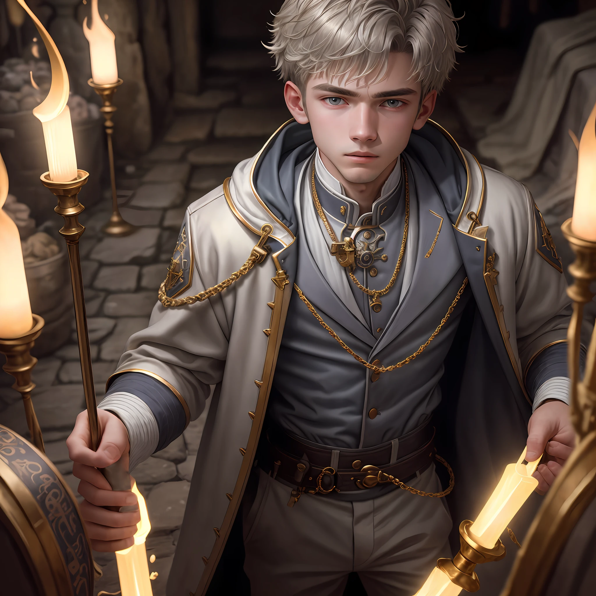 Best quality, 4k, 8k, best quality, masterpiece, 1boy, 16 year old, in a dungeon, wearing white and gold jacket, grayish skin, detailed face, focused scenery, torches in the background, captivating lights,