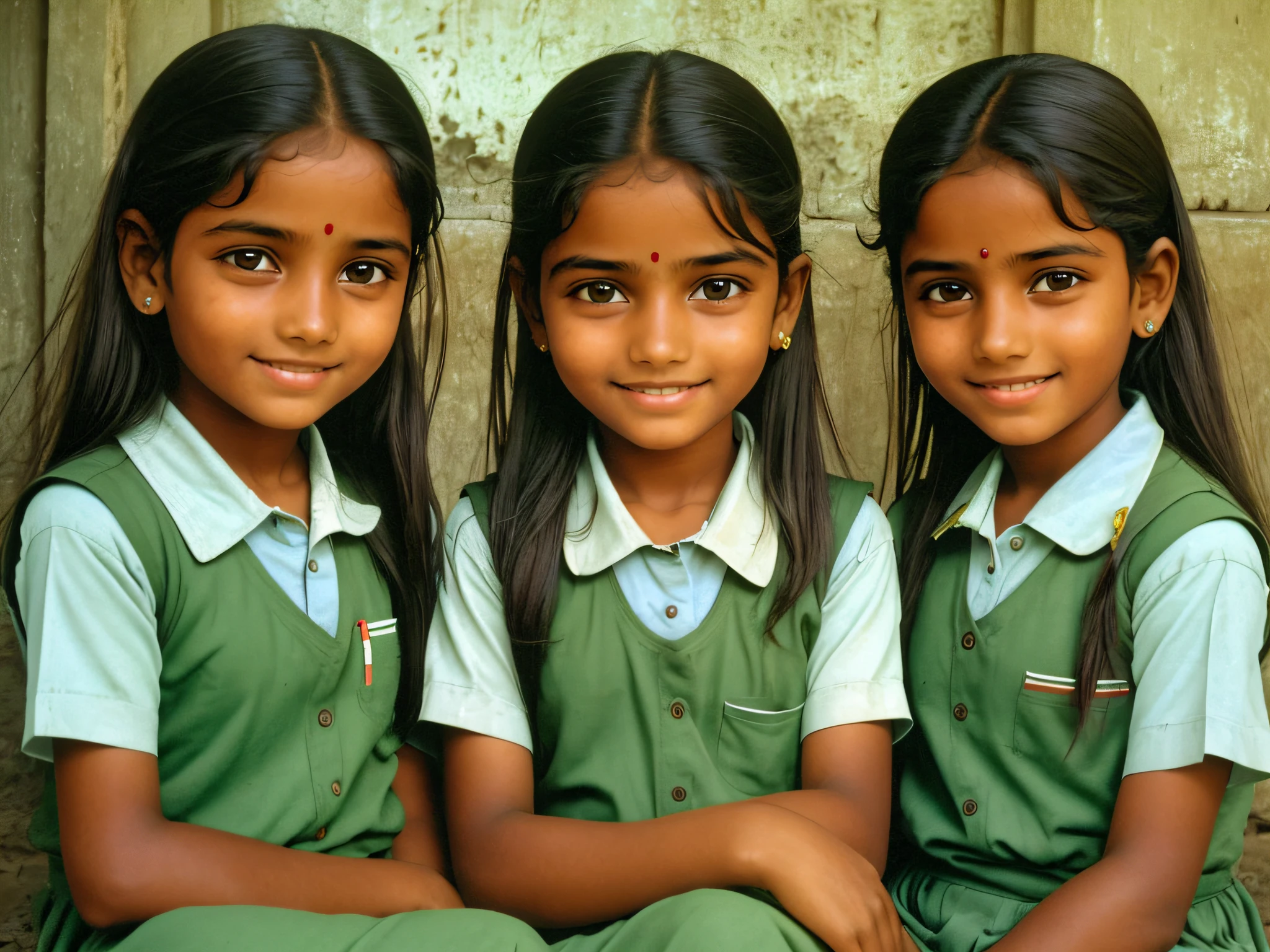 Three Portrait Girls smiling in school 1st January 2000, Medinipur, West bengal, India --auto --s2