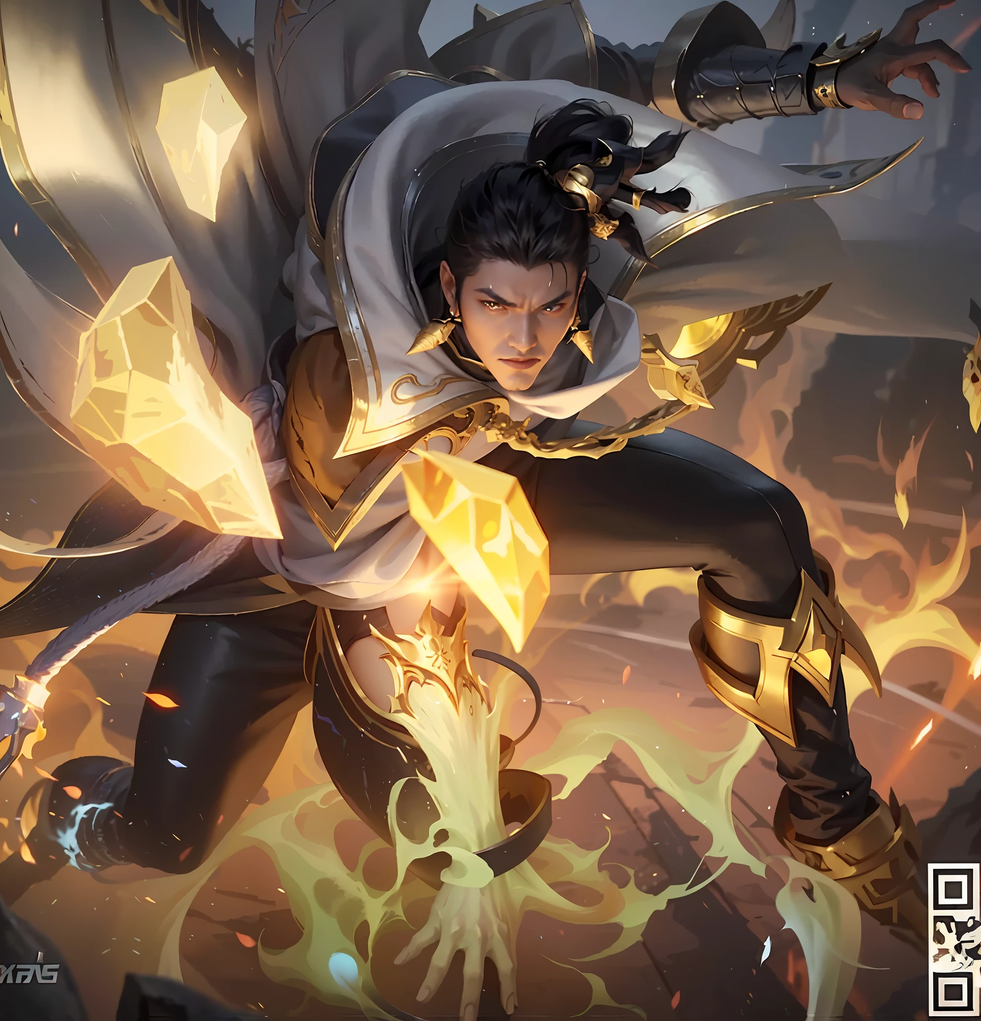 a picture of a man in a black outfit with a sword and a yellow flame, by Yang J, heise jinyao, ig model | artgerm, zenra taliyah, splash art, official splash art, ross tran and bayard wu, character splash art, from league of legends, rossdraws global illumination, as seen on artgerm
