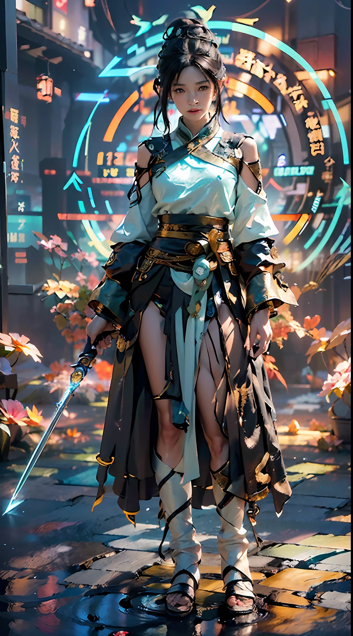 ((Masterpiece), (Best Quality), Ultra High Resolution, (Realistic: 1.4), Xiuxian, Weapon, Detail Face, 1 Girl, Solo, Weapon, (Magic Circle: 1.2), Xiuxian, Upper Body, Beautiful Girl, Full Body, East Asian Architecture, Sheath, Construction, Cyberpunk, Colorful Neon Lights, Spell Aperture, Spell Aperture, Fractal Isometric Details Bioluminescence, Colorful Light of Clothes, Octane Rendering, Cinematic Texture, Ray Tracing, NVIDIA RTX, Super Resolution, Unreal 5, Subsurface scattering, PBR textures, post-processing, anisotropic filtering, depth of field, maximum sharpness and sharpness, multi-layer textures, albedo and highlight mapping, surface shading, accurate simulation of light-material interactions, perfect proportions, octane rendering, duotone lighting, low ISO, white balance, rule of thirds, wide aperture, 8K RAW, efficient sub-pixels, subpixel convolution, luminous particles
