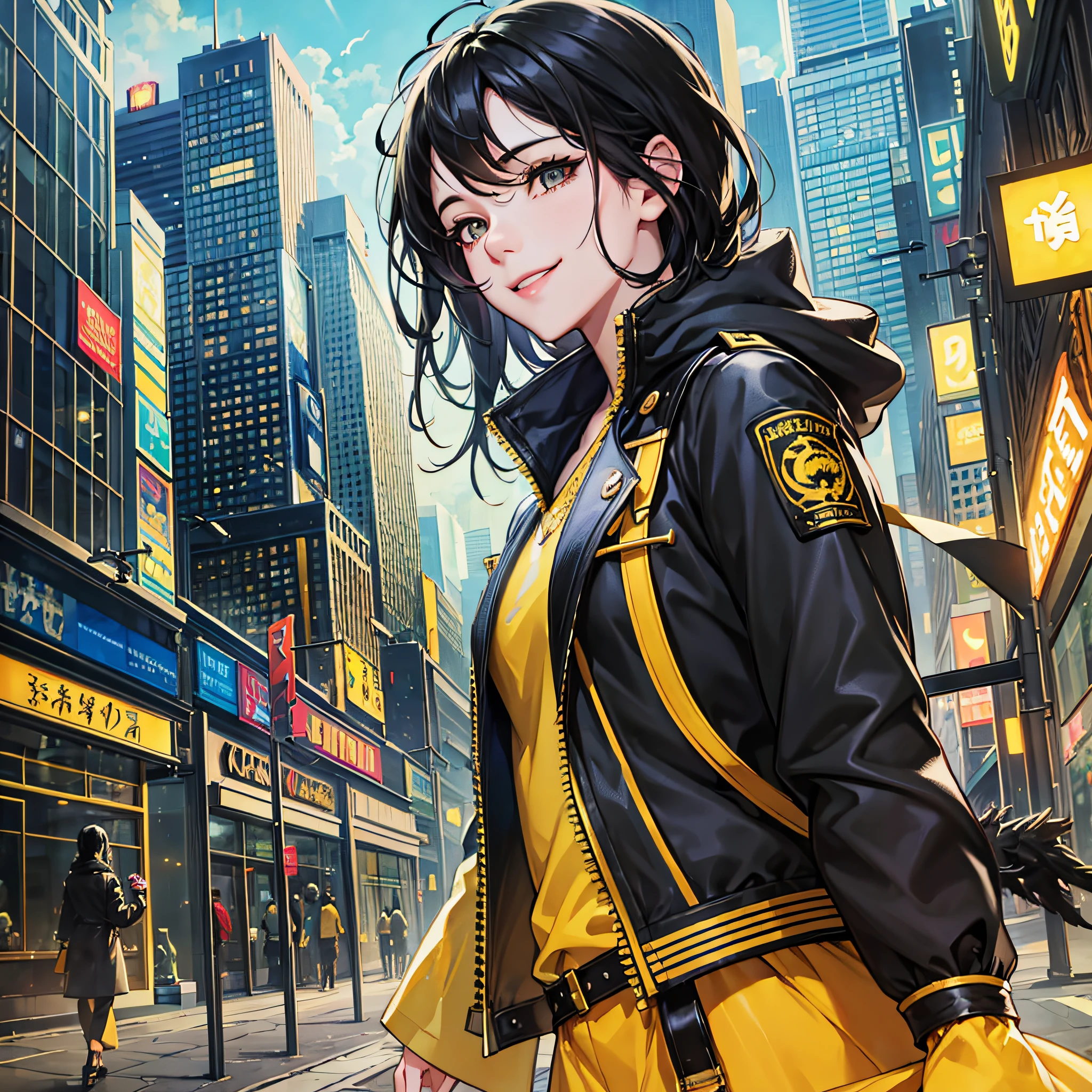 Black hair, long eyelashes, solid eyes, light smile, atmospheric perspective, urban background, yellow dragon clothes, third person view, 8k --auto --s2
