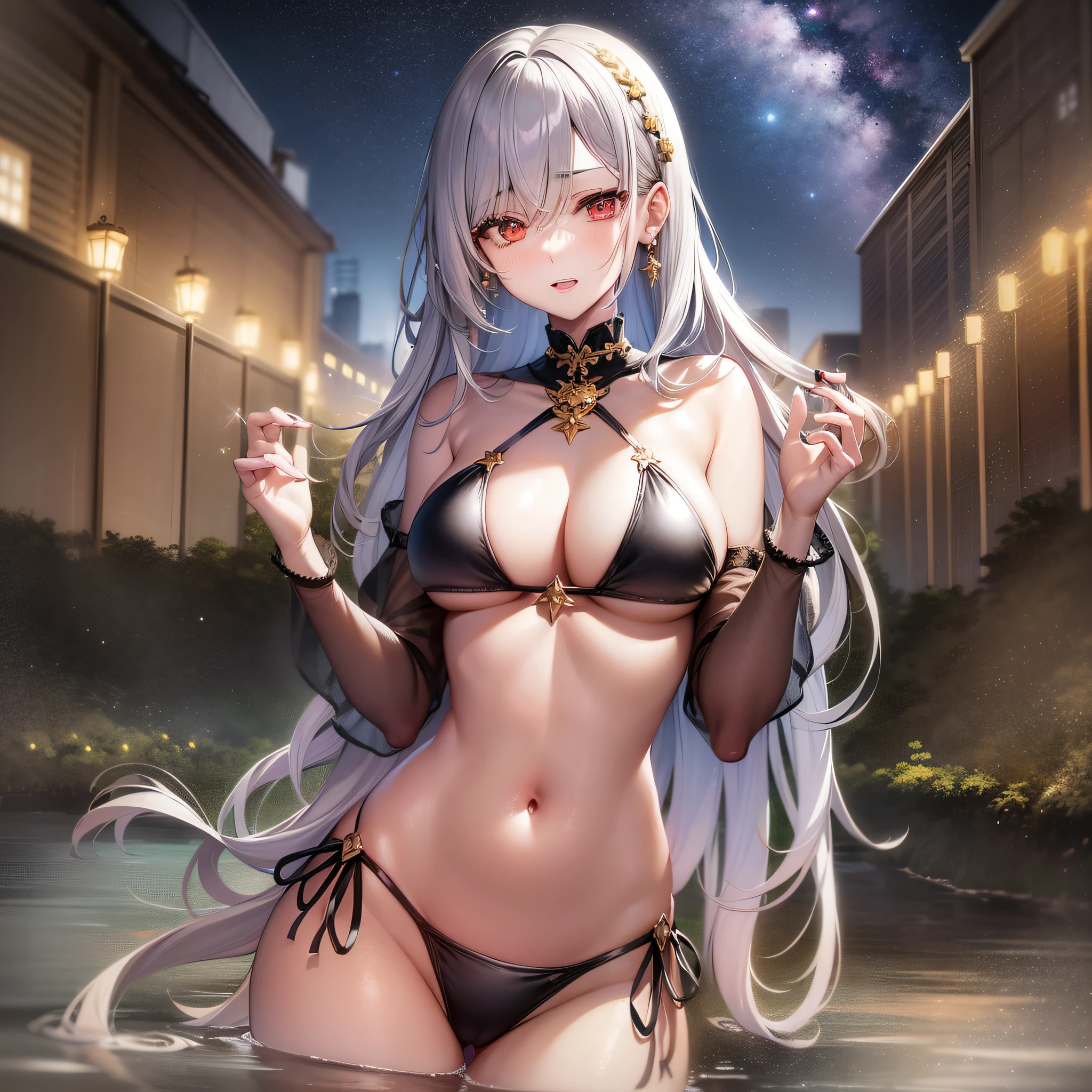 1 girl, young adult woman, Silver hair, Long hair, Straight hair, Super big, Tall, Golden metallic micro bikini, Hot spring, Outdoors, Midnight, Starry sky, Red eye, Standing style, Human hand,Nipple, Crotch groove