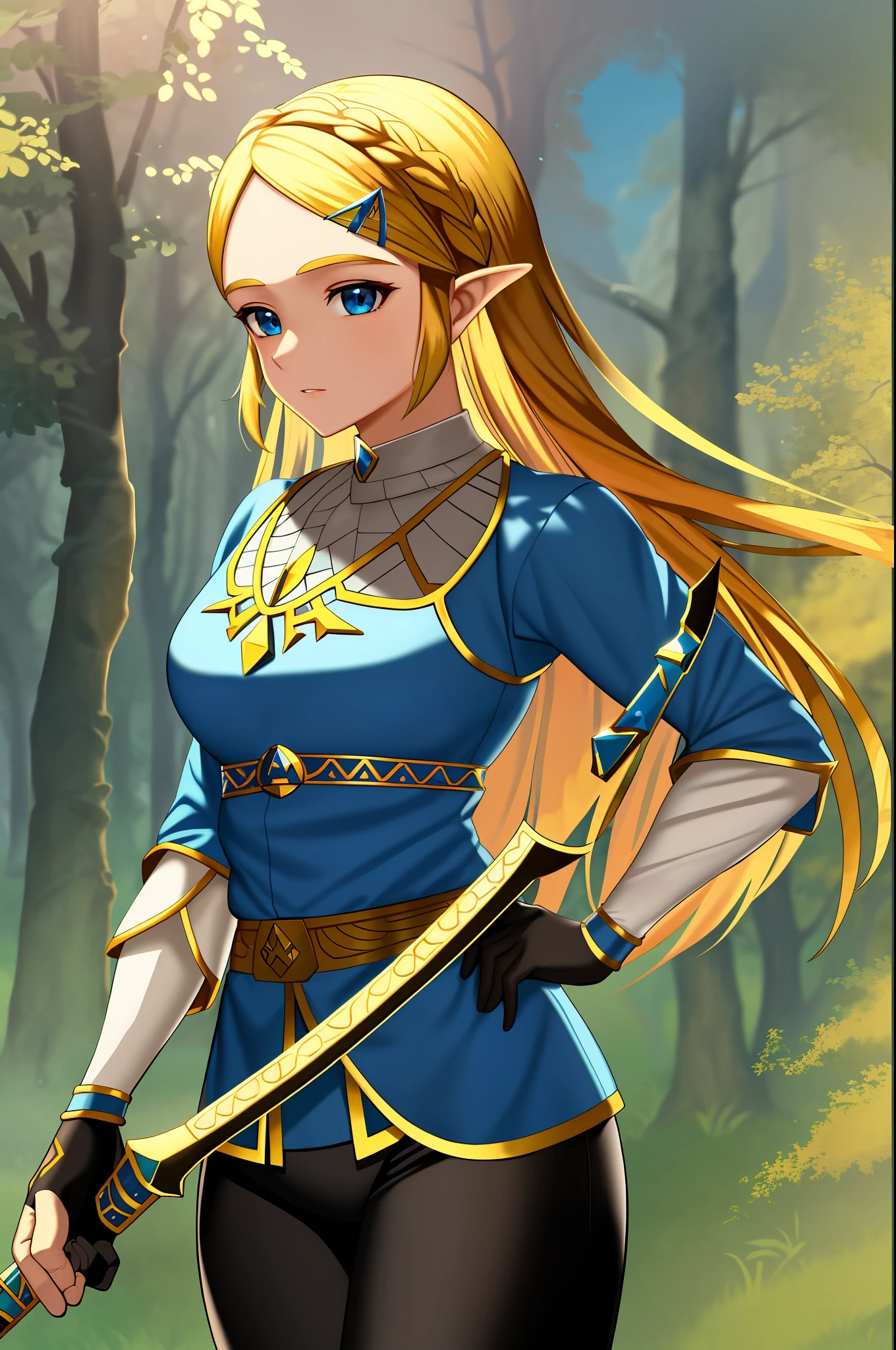 A masterpiece, best_quality, ultra-detailed, inspired by Princess Zelda, Nintendo, The Legend of Zelda, beautiful girl, blue eyes, golden hair, white dress, black pants, weapon of an adventurer.