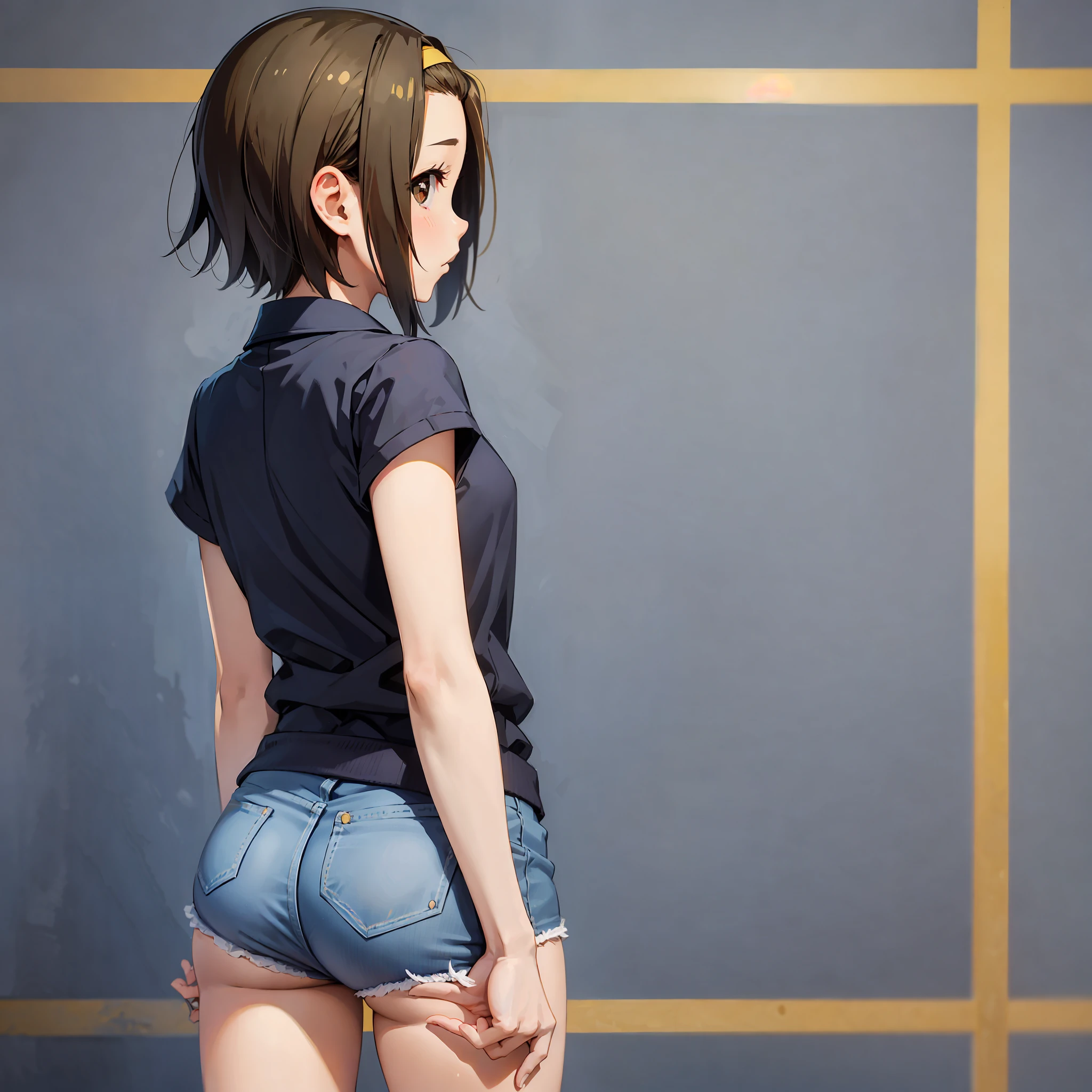 1girl, best quality, Ritsu Tainaka [K-ON!], simple background, minimalist background, simplistic background, minimalistic background, sakuragaoka high school uniform, short hair, hairband, yellow hairband, Parted bangs, from behind, wide hips, butt, large butt, large ass, suggestive