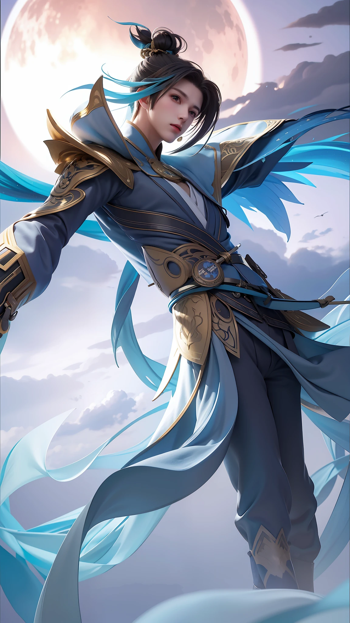 Masterpiece, best quality, night, hills, clouds, full moon, long hair, man, 1boy, silhouette, firefly, holding a sword, Hanfu, wearing a long Hanfu, cicadas,