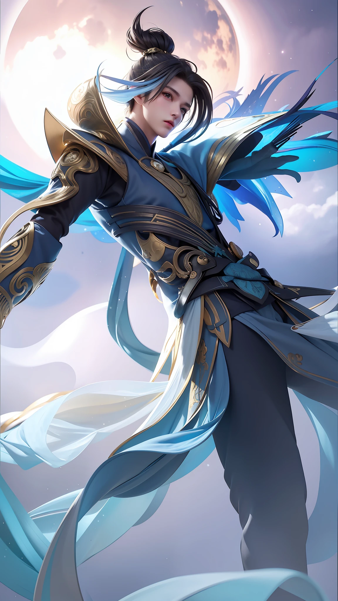 Masterpiece, best quality, night, hills, clouds, full moon, long hair, man, 1boy, silhouette, firefly, holding a sword, Hanfu, wearing a long Hanfu, cicadas,