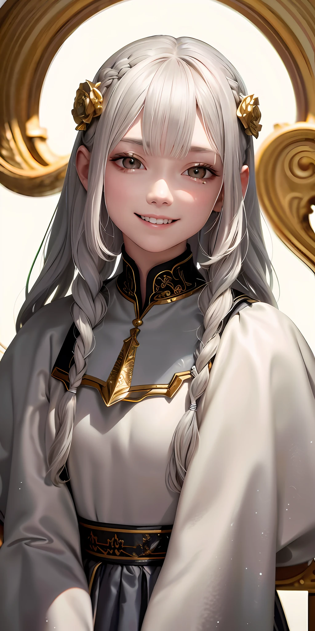 Top quality, high image quality, masterpiece, gray hair, golden eyes, white clothes, looking up, upper body, hair strands, fair skin, side braids, smiling, double teeth