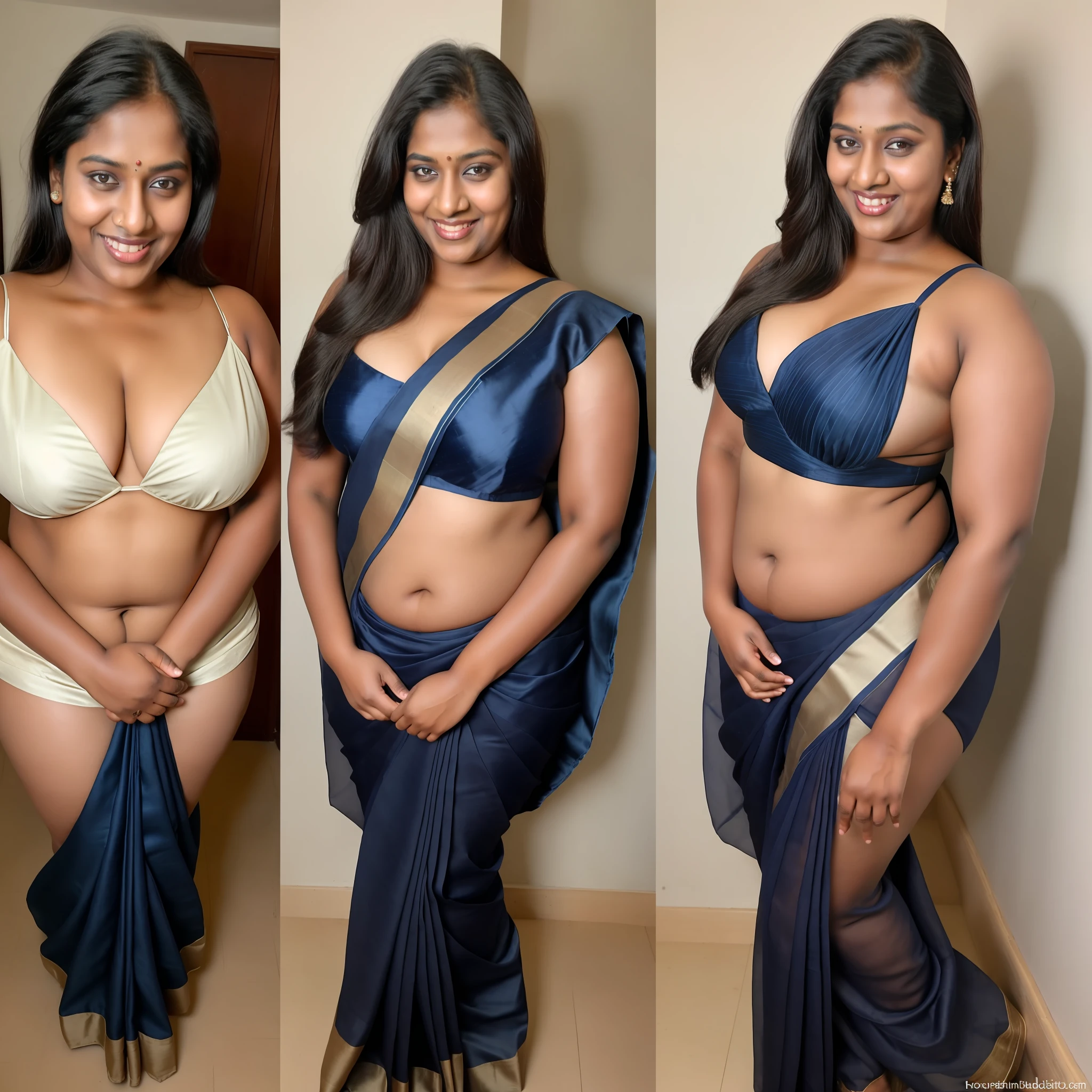 side by side photo of a young mallu village belle wearing a navy blue saree stripping down to underwear, different poses from different sides, festival,curvy, tall, hourglass figure, big ass, seductive, detailed cute face, full lips, smiling, studio lighting, hyper realistic, deep cleavage, showing knees, long shot, tight abs