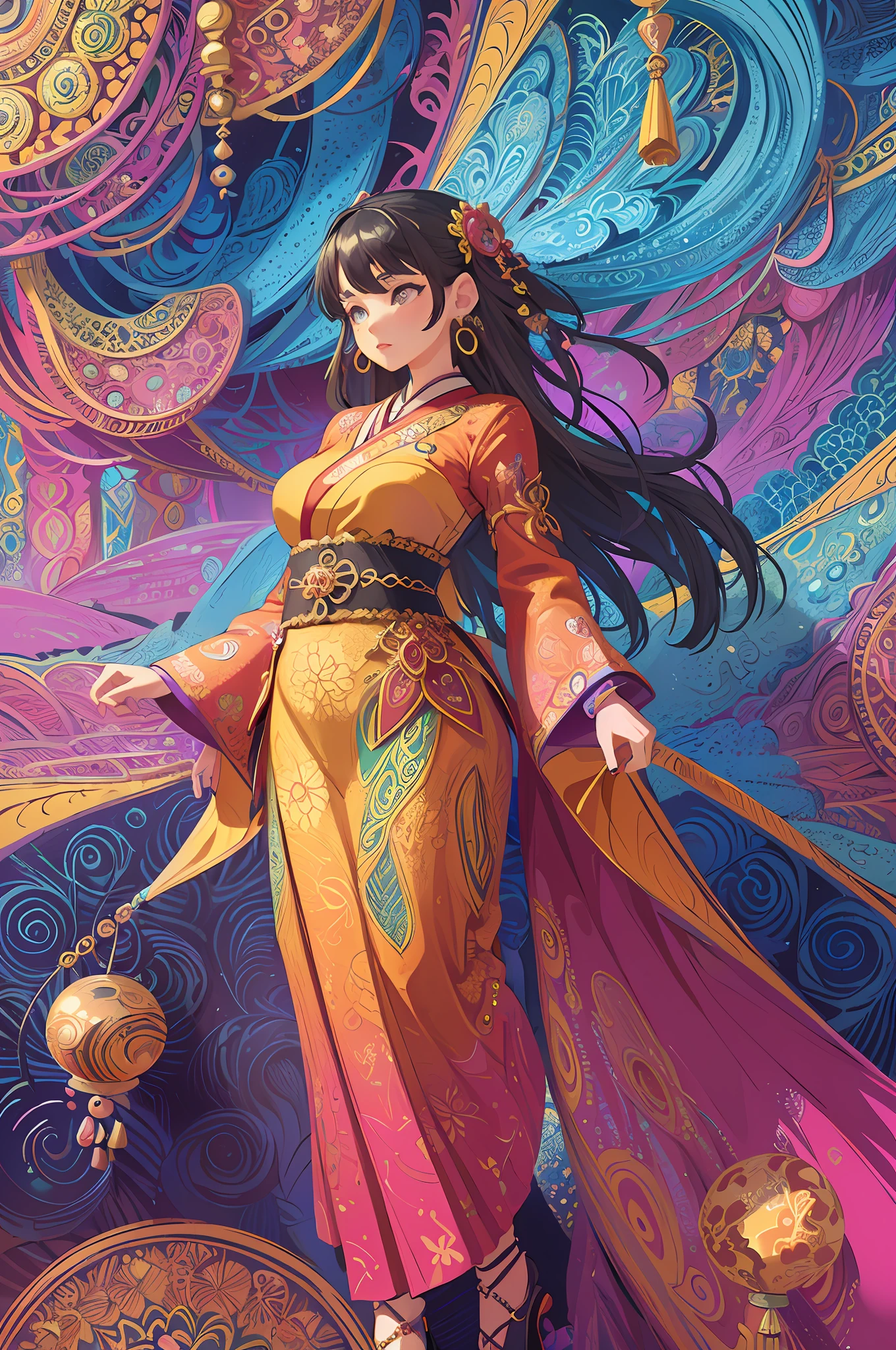 (masterpiece, top quality, best quality, official art, beautiful and aesthetic:1.2), (1girl:1.3), extremely detailed,(fractal art:1.1),(colorful:1.1),highest detailed,(zentangle:1.2), (dynamic pose), (abstract background:1.5), (japanese dress:1.2), (shiny skin), (many colors:1.4), ,(earrings:1.4),