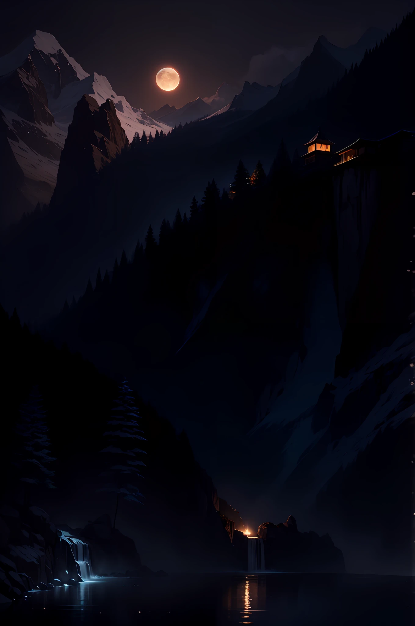 (extremely detailed, best quality) A mesmerizing cascade of water dropping down into a serene pool of water, set amidst a breathtaking mountain waterfall with a tall and rough mountain range in the background, capturing the serene beauty of the night view. --auto --s2